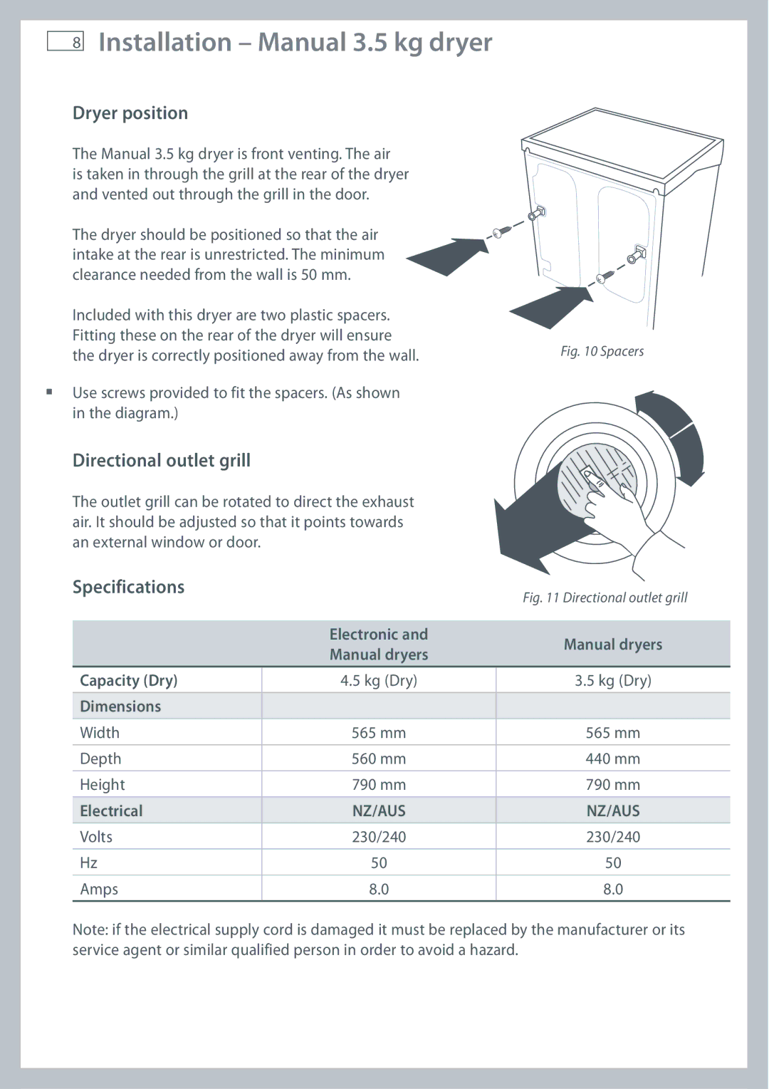 Fisher & Paykel AD39, ED56, AD55 Installation Manual 3.5 kg dryer, Dryer position, Directional outlet grill 