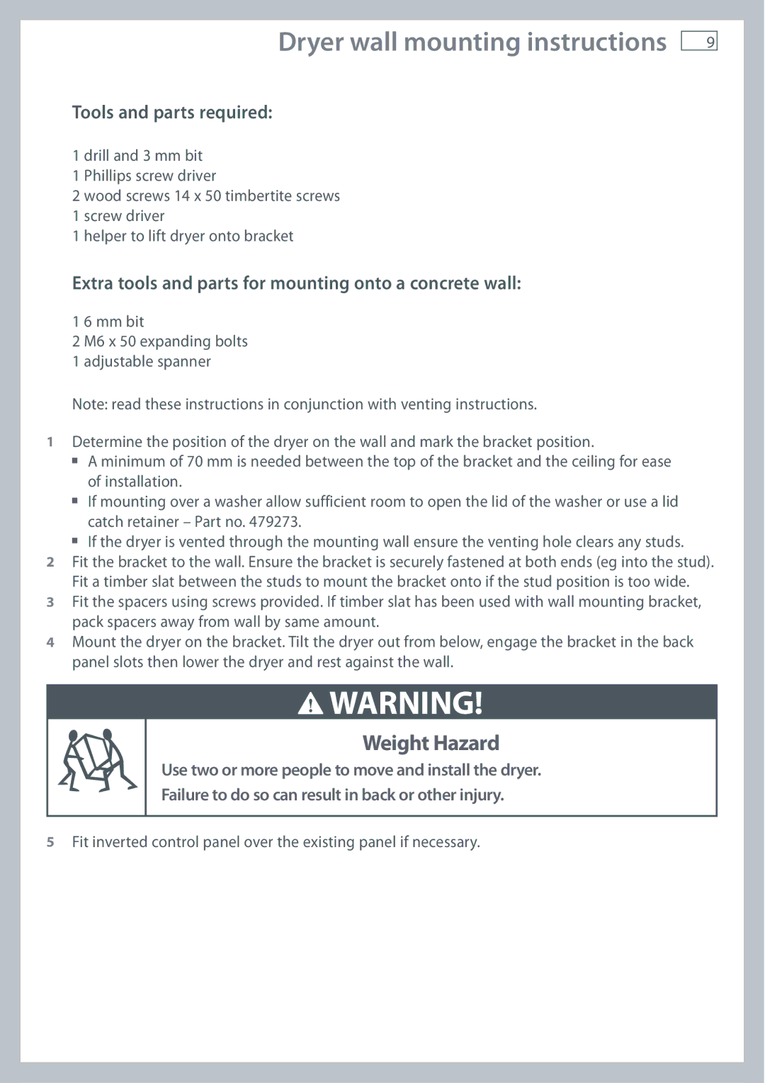 Fisher & Paykel AD55, ED56, AD39 installation instructions Dryer wall mounting instructions, Tools and parts required 