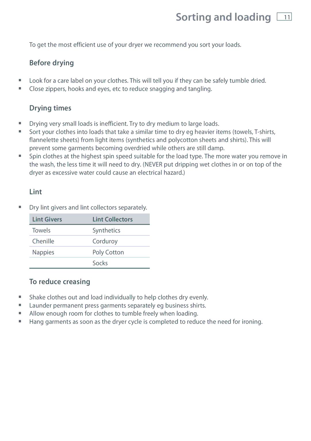 Fisher & Paykel AD39 Sorting and loading, Before drying, Drying times, To reduce creasing, Lint Givers Lint Collectors 