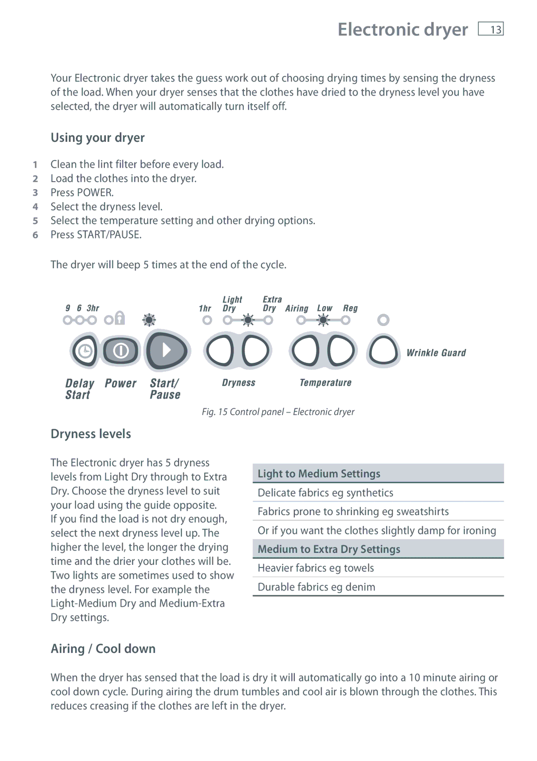 Fisher & Paykel ED56, AD39, AD55 Electronic dryer, Using your dryer, Dryness levels, Airing / Cool down 