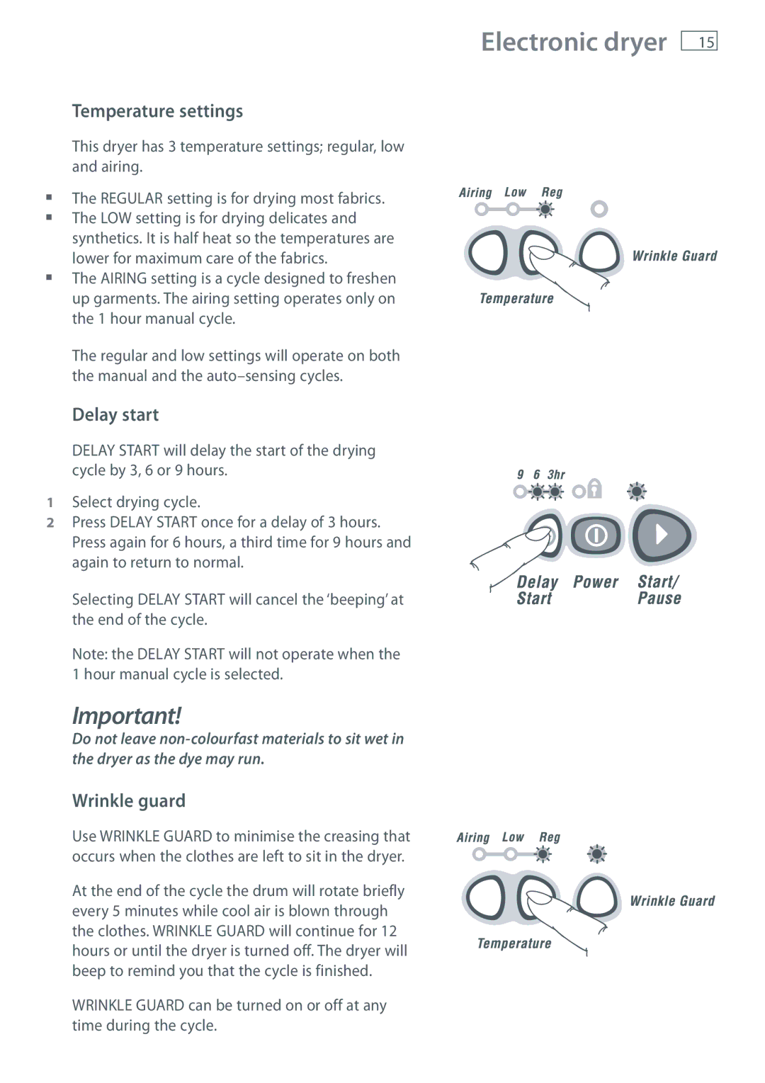 Fisher & Paykel AD55, ED56, AD39 installation instructions Temperature settings, Delay start, Wrinkle guard 