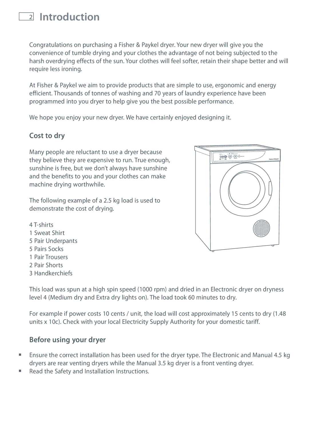 Fisher & Paykel AD39, ED56, AD55 installation instructions Introduction, Cost to dry, Before using your dryer 