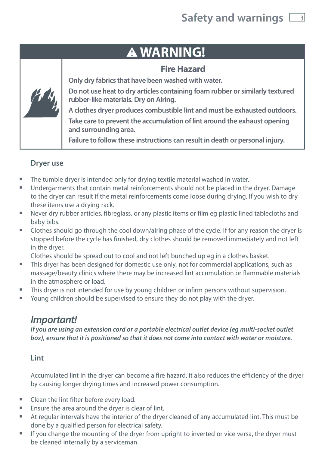 Fisher & Paykel AD55, ED56, AD39 installation instructions Safety and warnings, Dryer use, Lint 