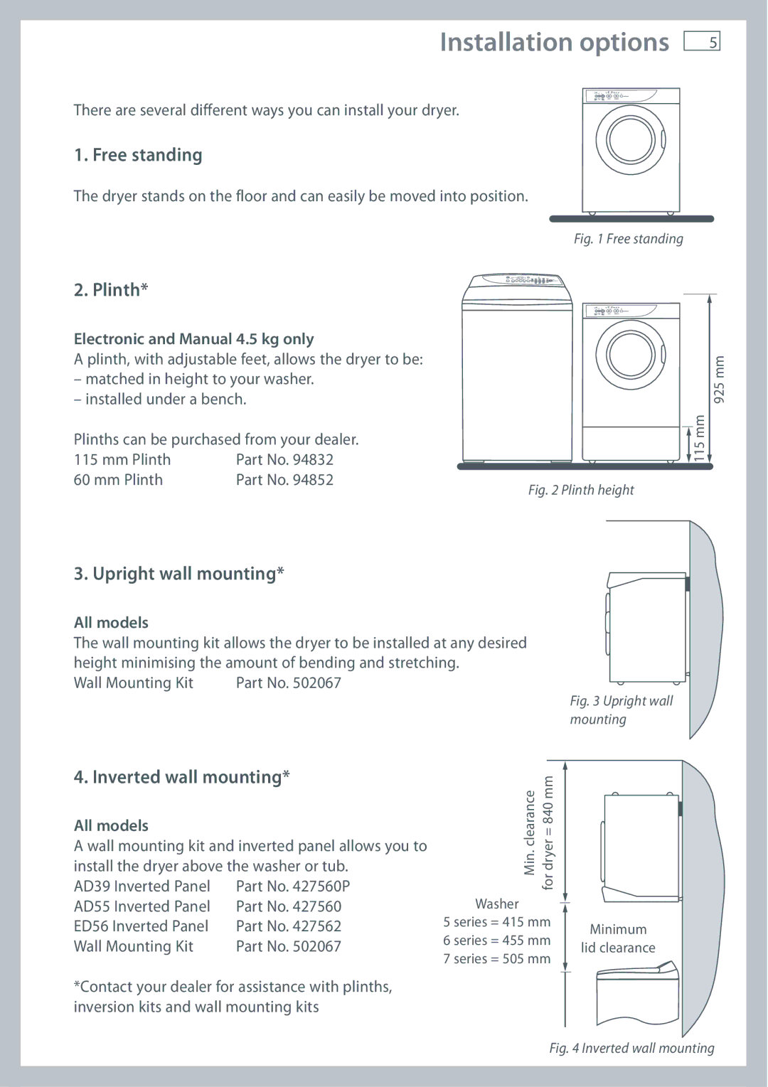 Fisher & Paykel AD39, ED56, AD55 Installation options, Free standing, Plinth, Upright wall mounting, Inverted wall mounting 