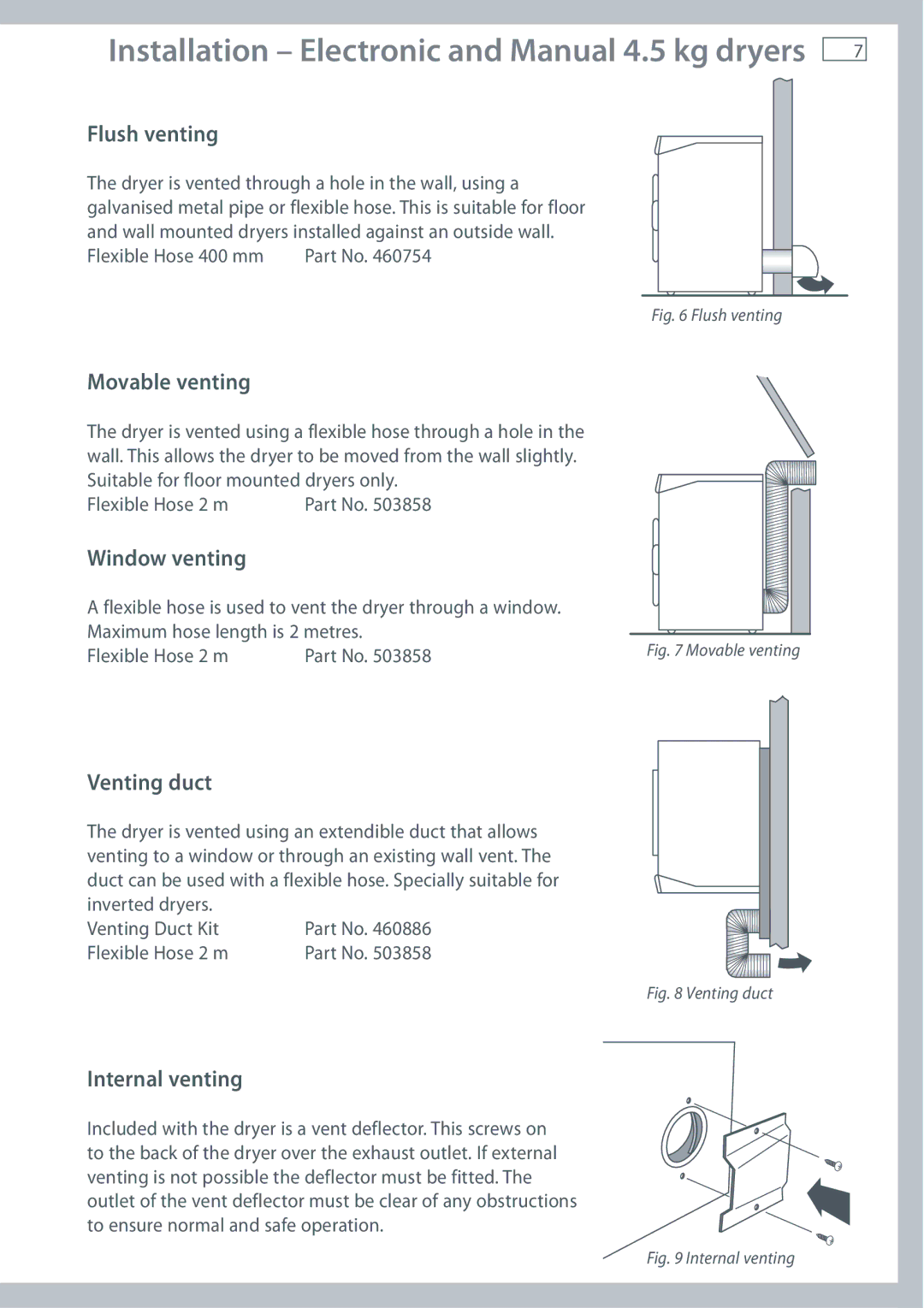 Fisher & Paykel ED56, AD39, AD55 Flush venting, Movable venting, Window venting, Venting duct, Internal venting 