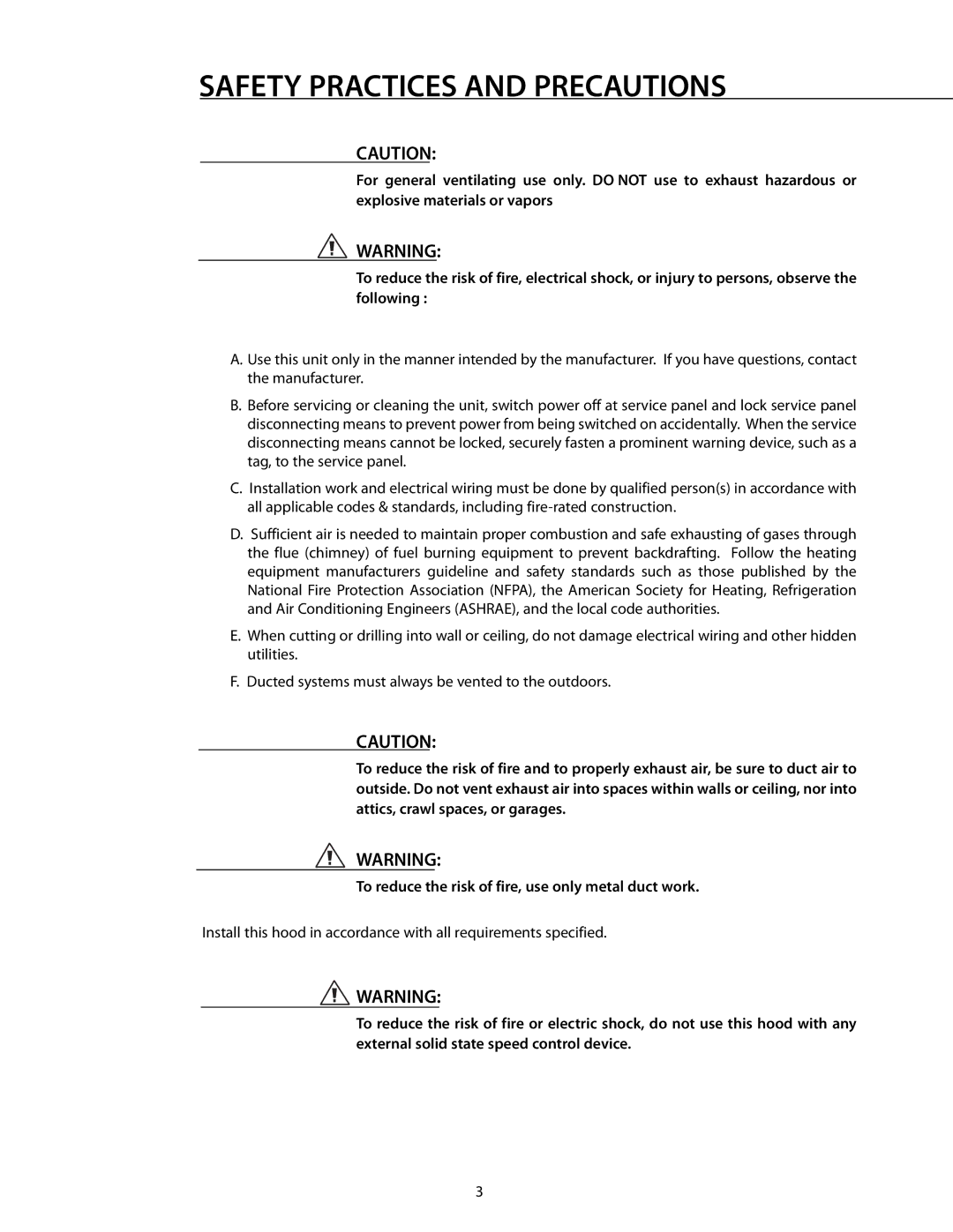 Fisher & Paykel ES30, ES36, VS36, VS1236, VS30, VS48 manual Safety Practices and Precautions 