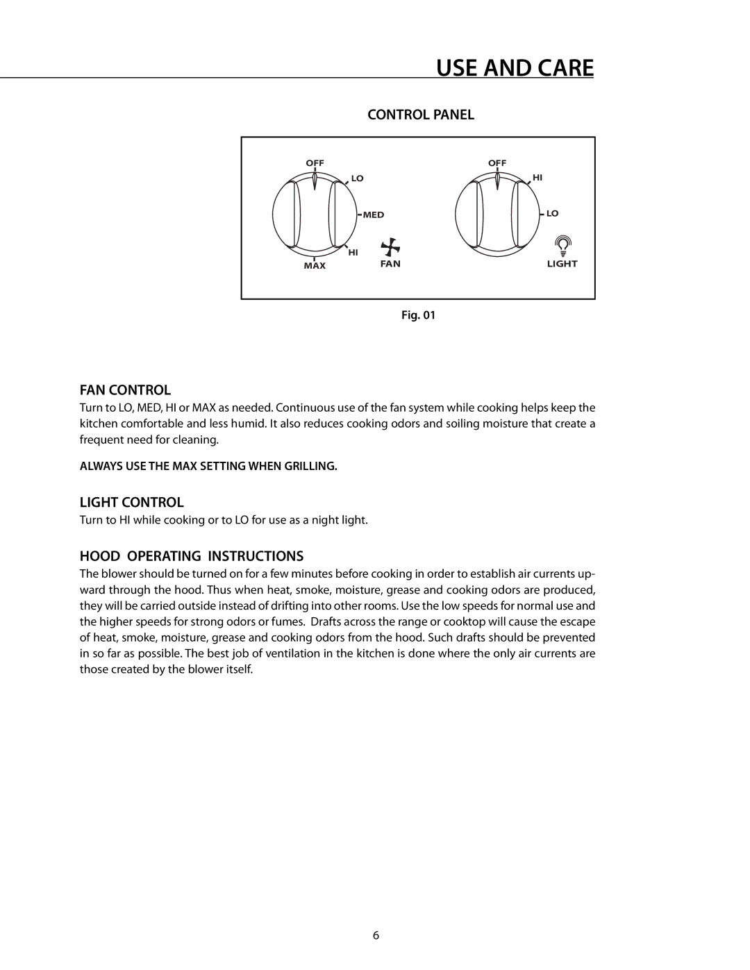 Fisher & Paykel VS36, ES36, VS1236, VS30, ES30, VS48 Control Panel, FAN Control, Light Control, Hood Operating Instructions 