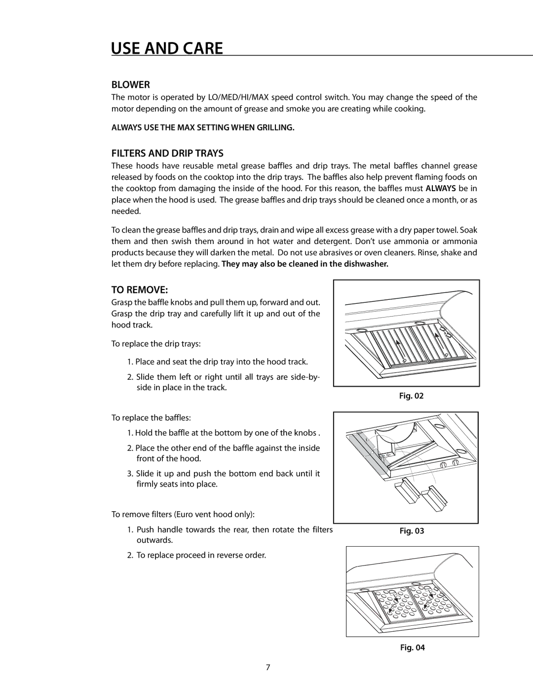 Fisher & Paykel VS1236, ES36, VS36, VS30, ES30, VS48 manual USE and Care, Blower, Filters and Drip Trays, To Remove 