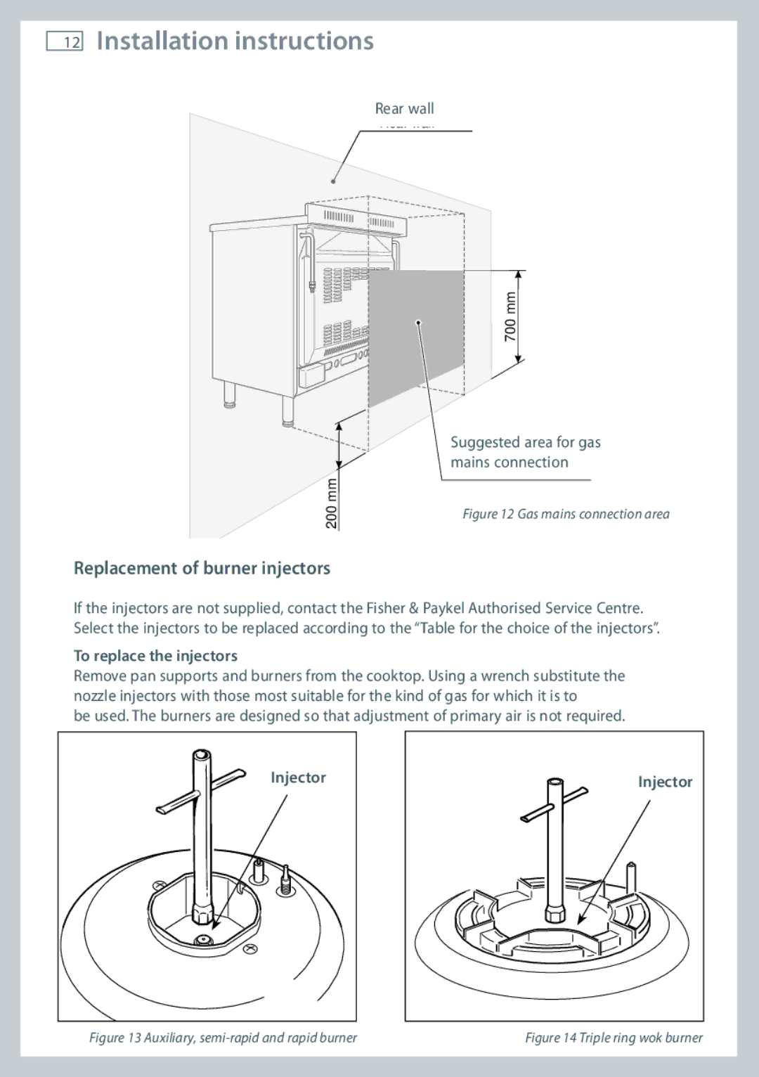 Fisher & Paykel GB IE installation instructions Replacement of burner injectors, To replace the injectors, Injector 