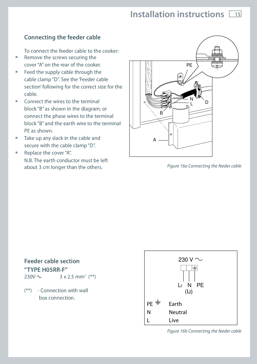 Fisher & Paykel GB IE installation instructions Connecting the feeder cable, Feeder cable section Type H05RR-F 