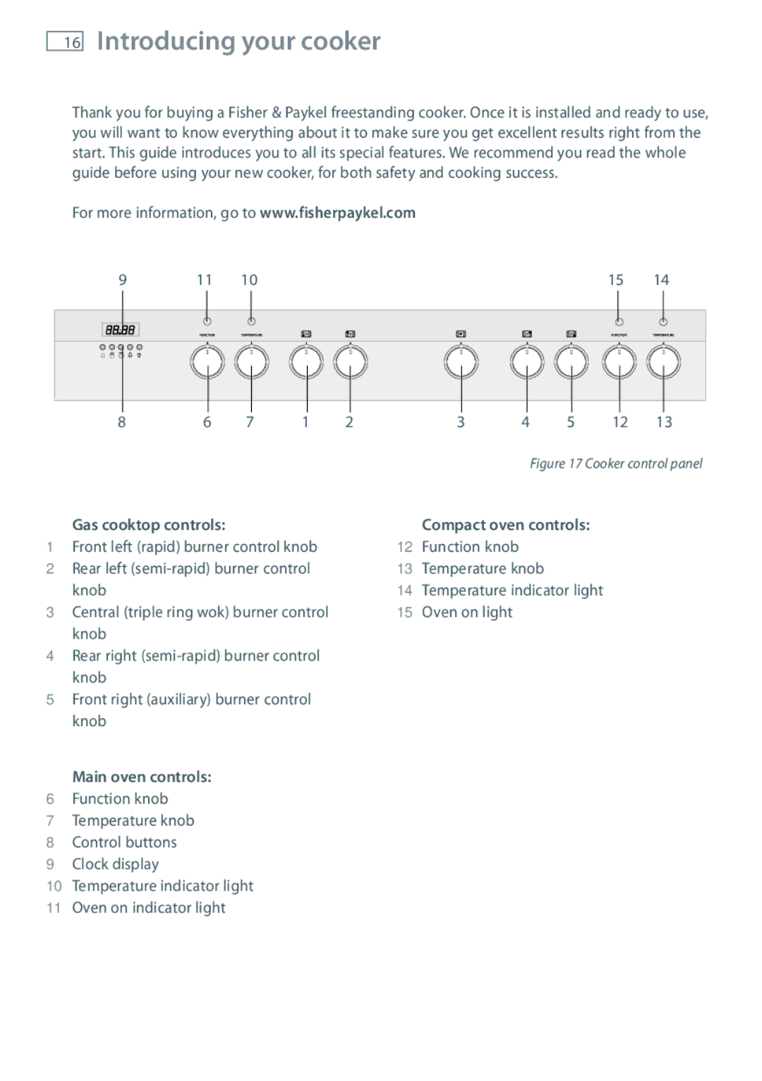 Fisher & Paykel GB IE installation instructions Introducing your cooker, Gas cooktop controls, Main oven controls 