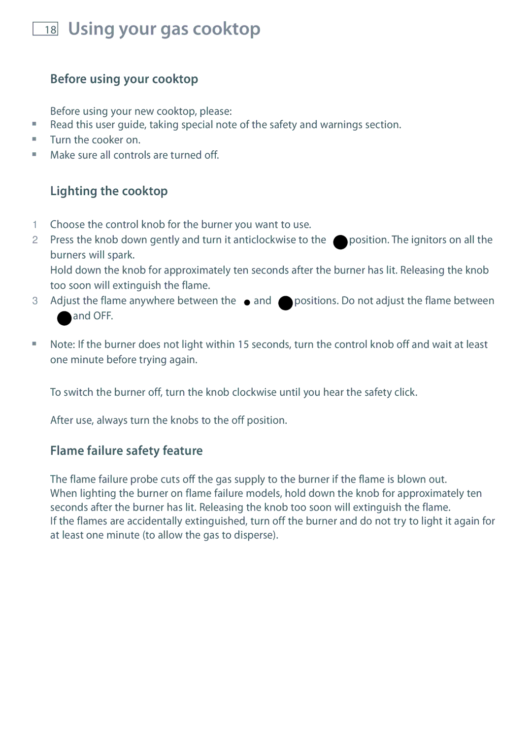 Fisher & Paykel GB IE Before using your cooktop, Lighting the cooktop, Flame failure safety feature 