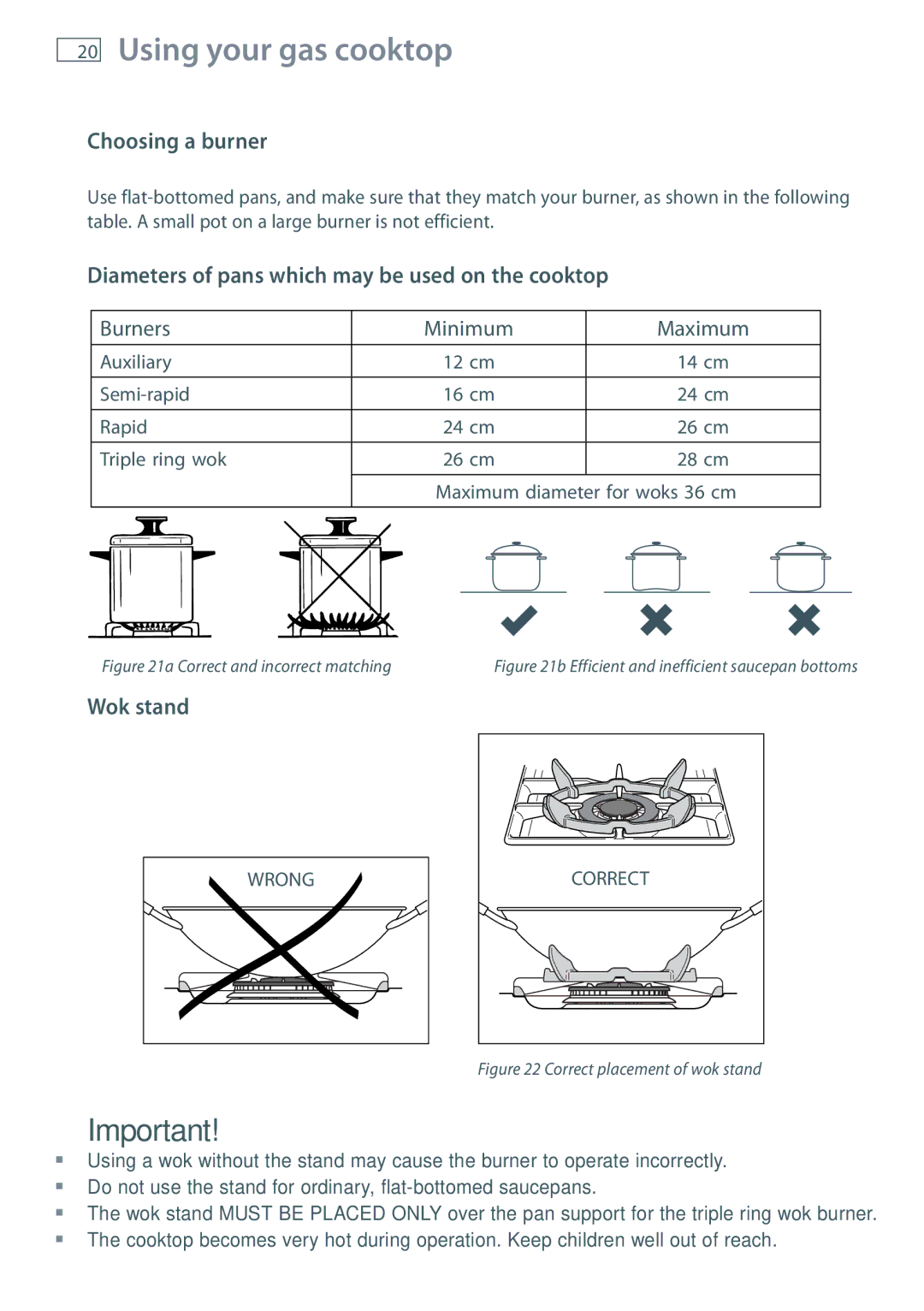 Fisher & Paykel GB IE Choosing a burner, Diameters of pans which may be used on the cooktop, Wok stand 