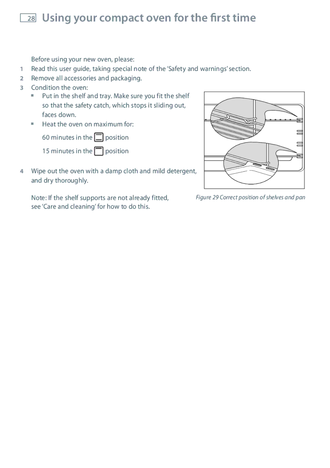 Fisher & Paykel GB IE Using your compact oven for the first time, Correct position of shelves and pan 