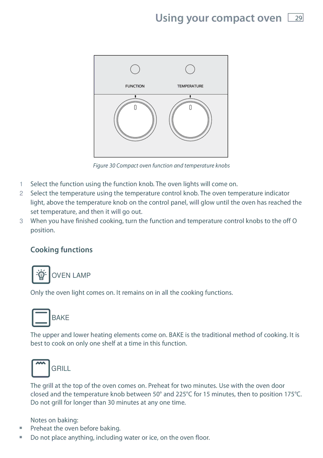 Fisher & Paykel GB IE installation instructions Using your compact oven, Cooking functions 