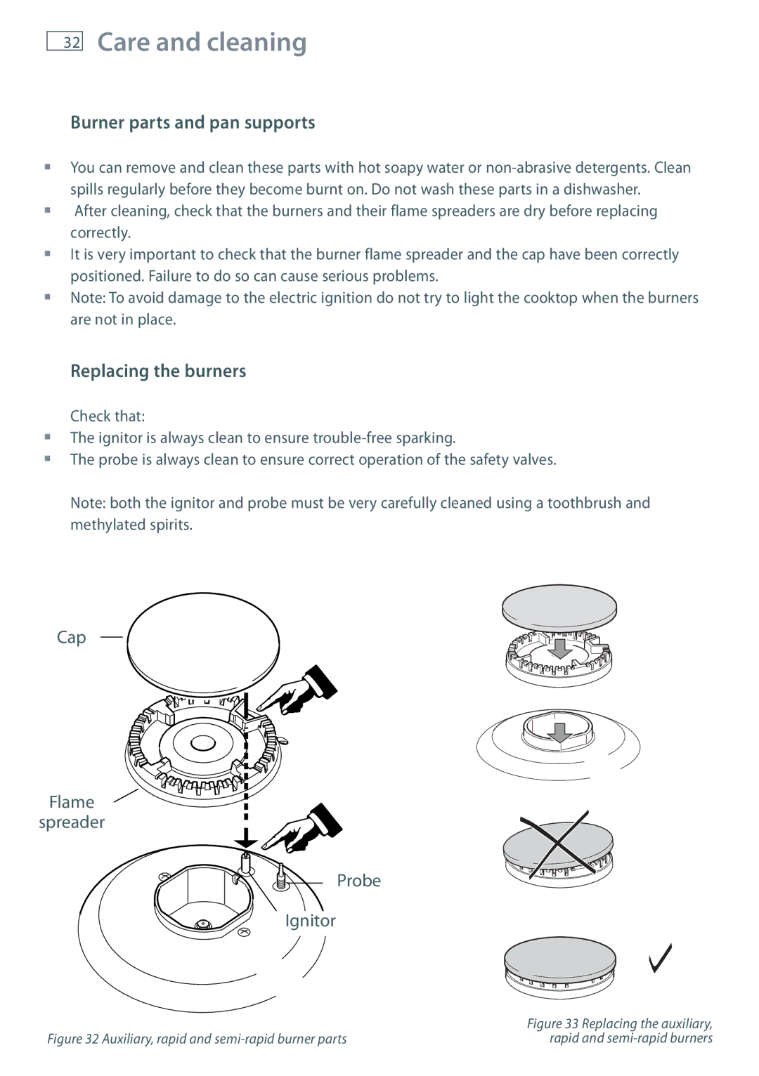 Fisher & Paykel GB IE installation instructions Burner parts and pan supports, Replacing the burners 