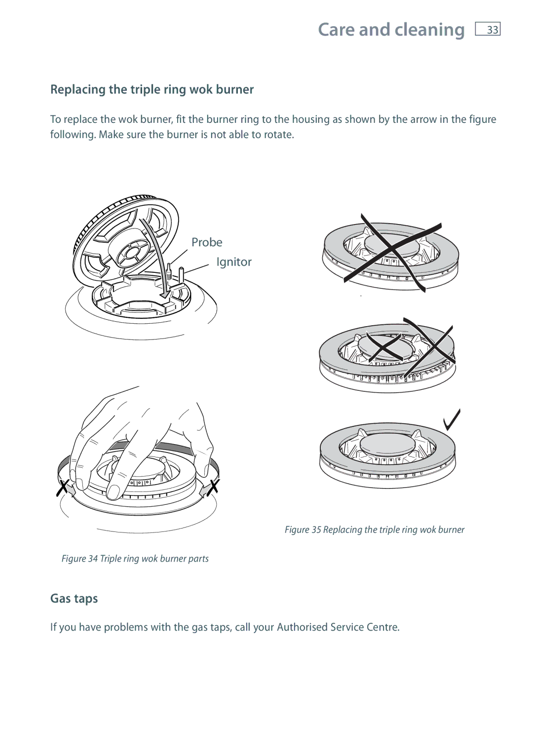 Fisher & Paykel GB IE installation instructions Replacing the triple ring wok burner, Gas taps 