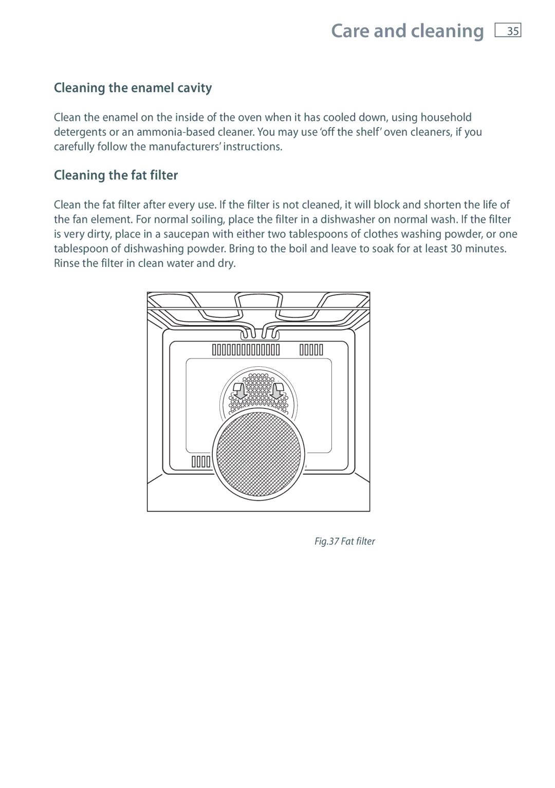 Fisher & Paykel GB IE installation instructions Cleaning the enamel cavity, Cleaning the fat filter 