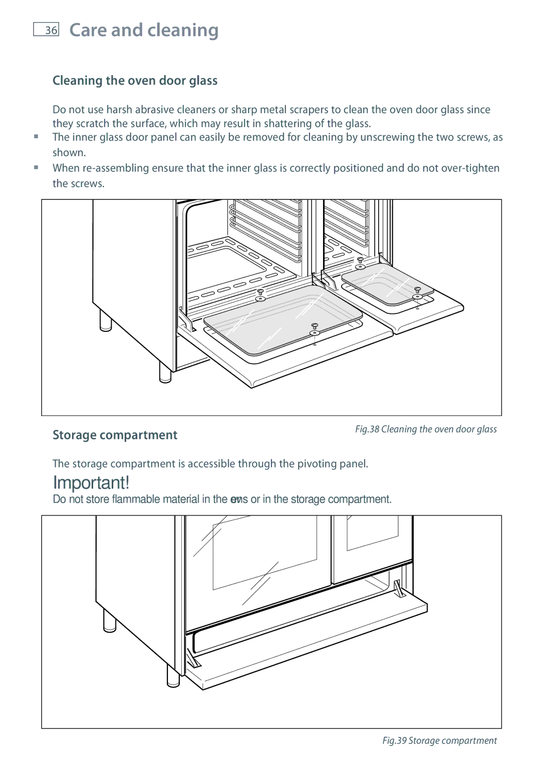 Fisher & Paykel GB IE installation instructions Cleaning the oven door glass, Storage compartment 