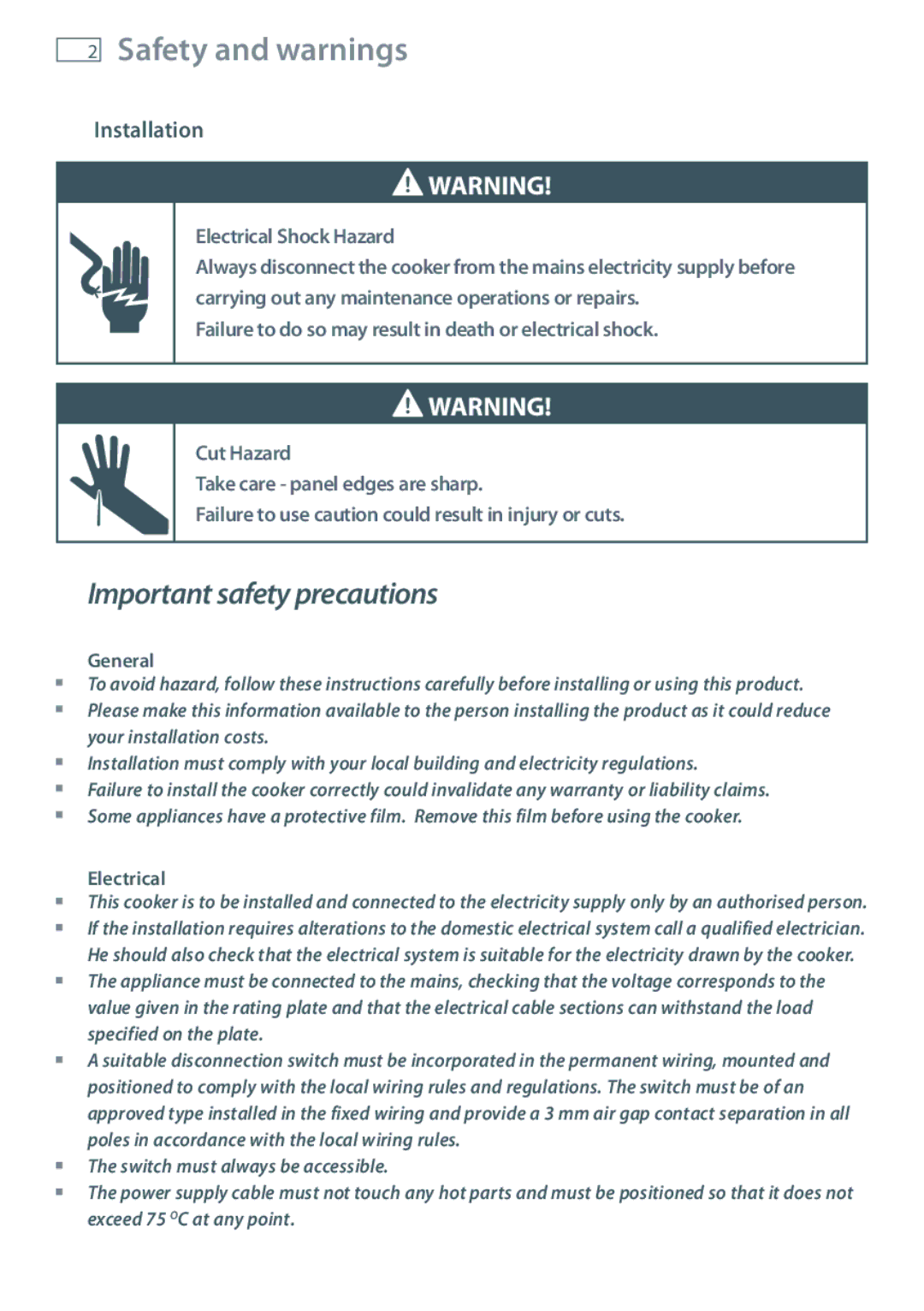 Fisher & Paykel GB IE installation instructions Safety and warnings, Installation, General, Electrical 