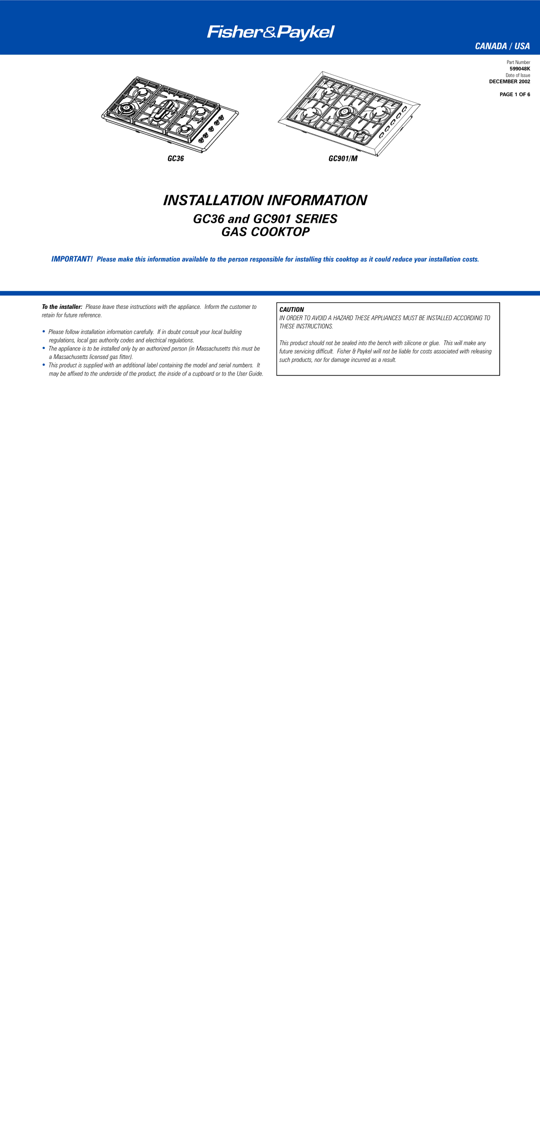 Fisher & Paykel GC36, GC901 dimensions Installation Information 