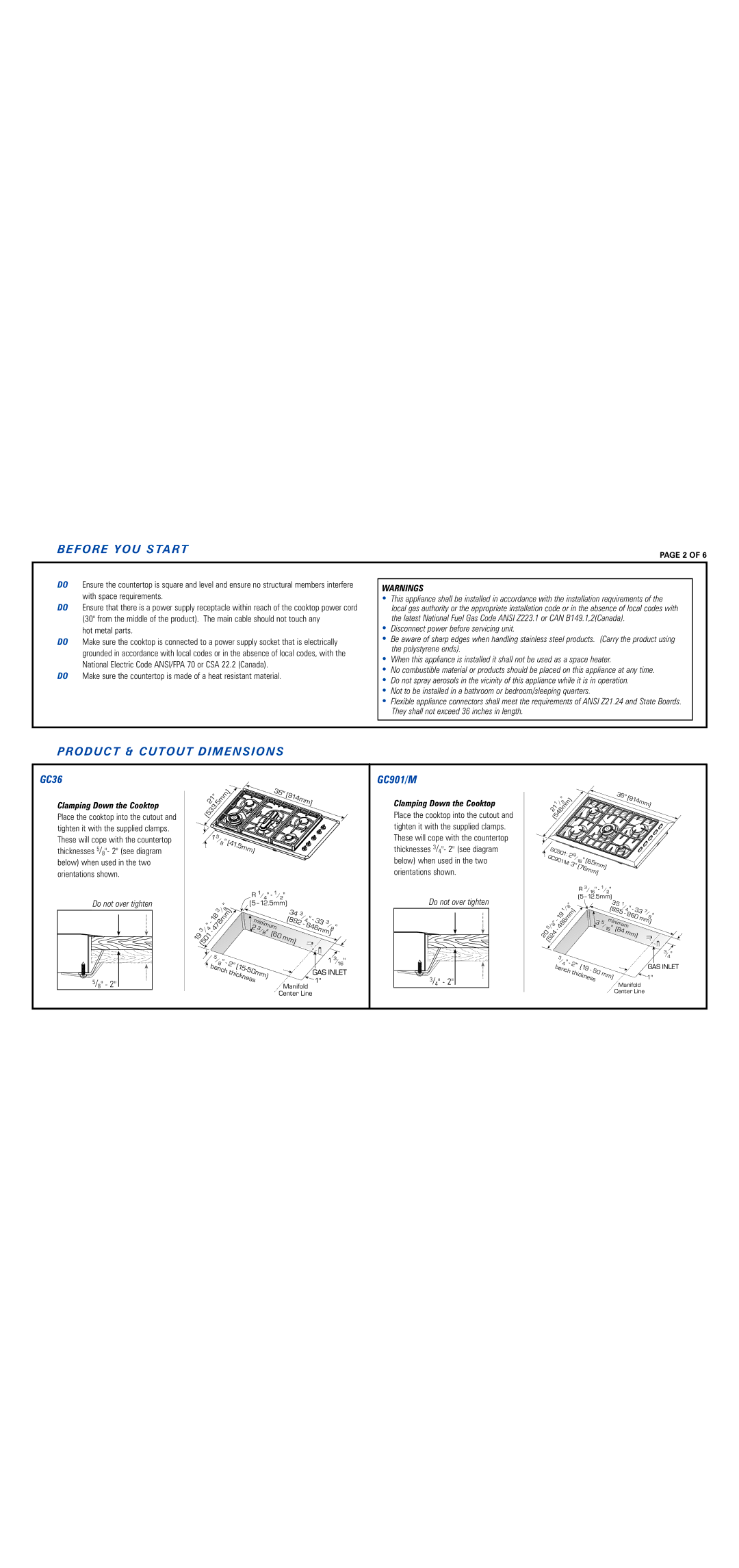 Fisher & Paykel GC36, GC901 dimensions Before YOU Start, Product & Cutout Dimensions, GC901/M, Clamping Down the Cooktop 