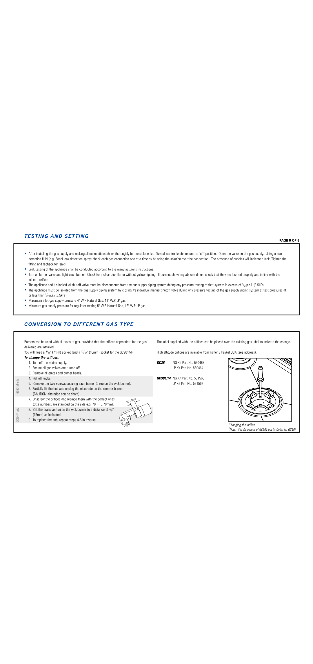 Fisher & Paykel GC36, GC901 dimensions Testing and Setting, Conversion to Different GAS Type, To change the orifices 