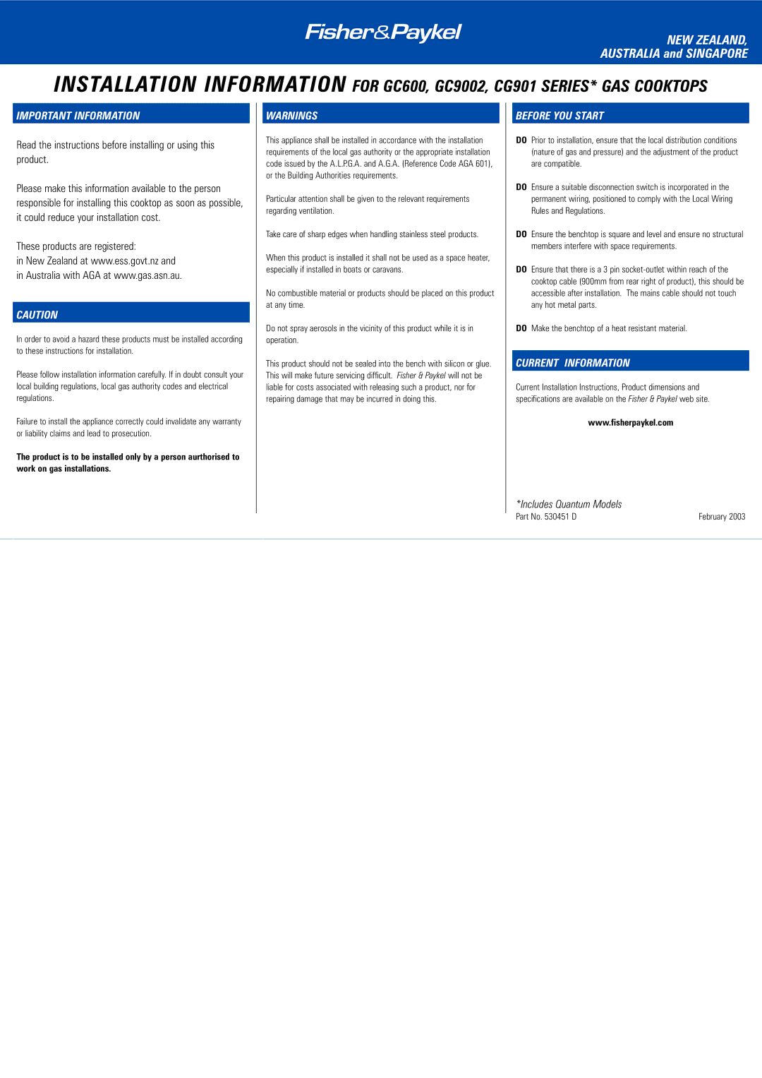 Fisher & Paykel GC9002 dimensions Important Information, Before YOU Start, Current Information, Part No D 