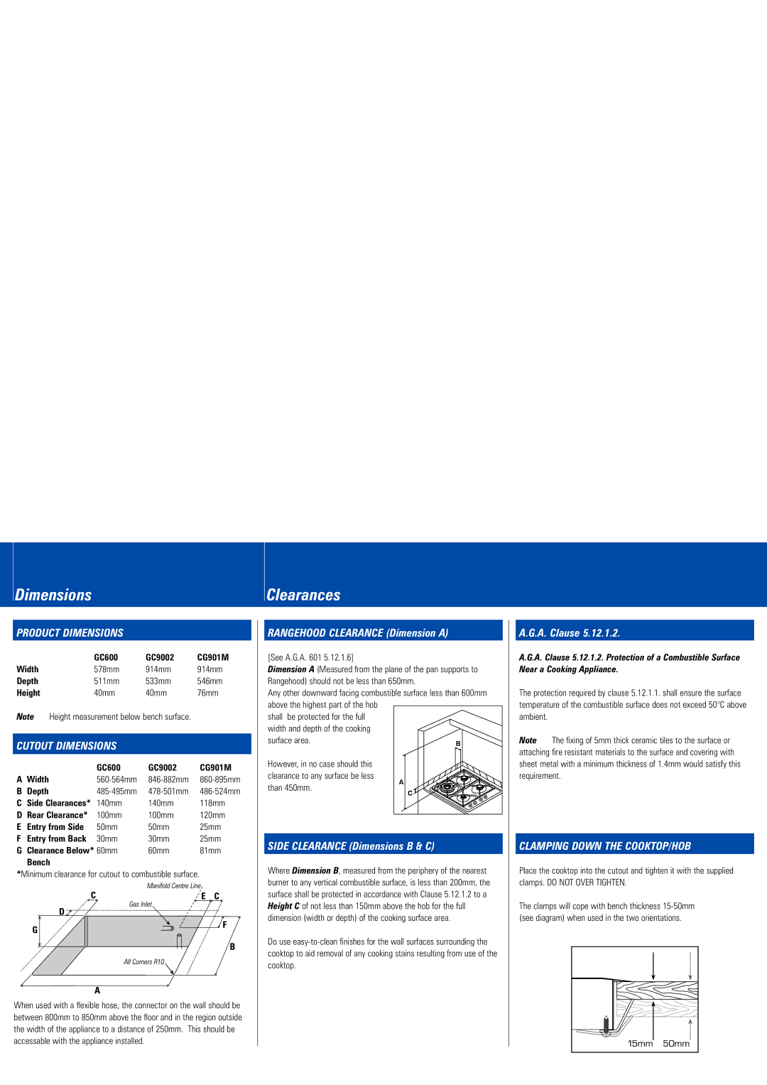 Fisher & Paykel GC9002 DimensionsClearances, Product Dimensions, Cutout Dimensions, Clamping Down the COOKTOP/HOB 