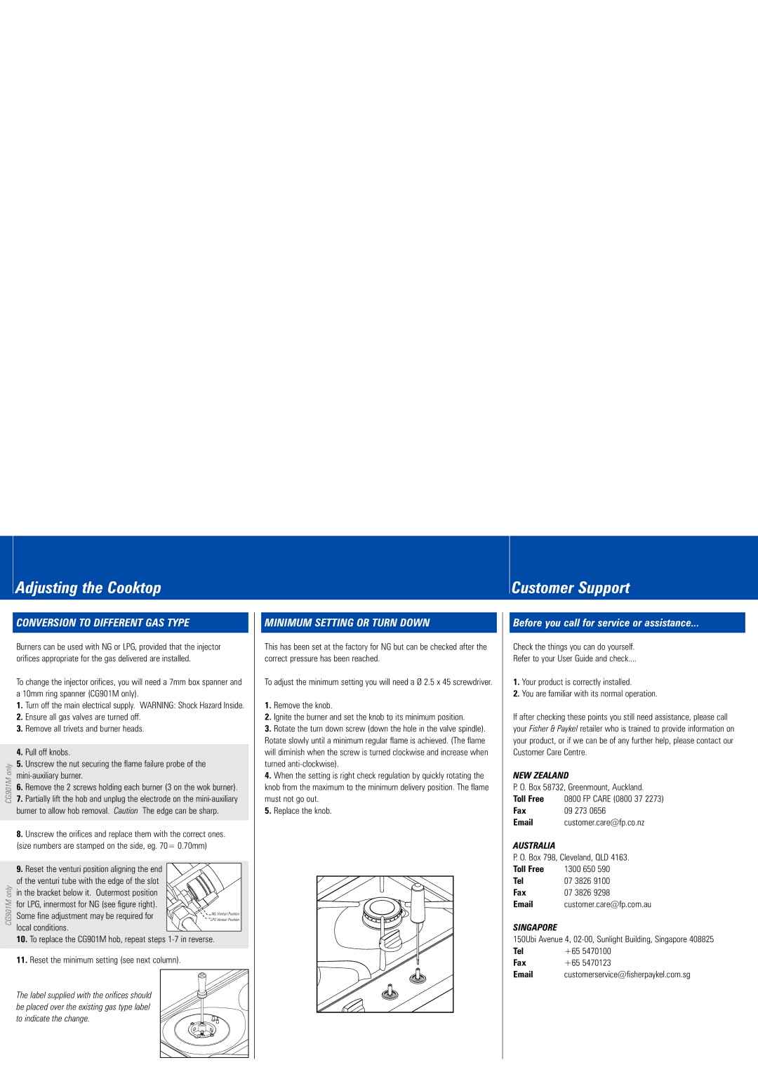 Fisher & Paykel GC9002 dimensions Adjusting the Cooktop Customer Support, Conversion to Different GAS Type 