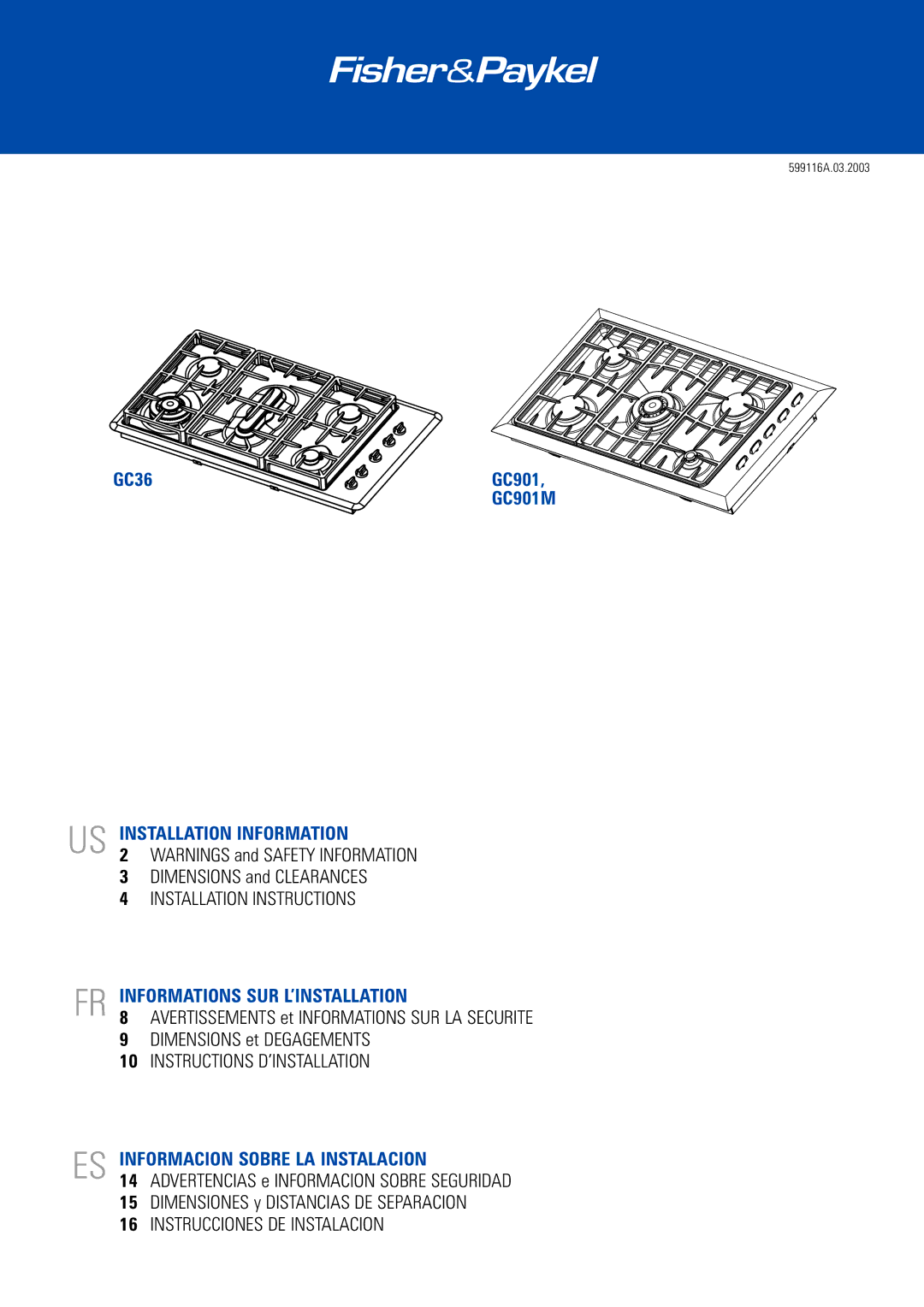 Fisher & Paykel GC901M dimensions US Installation Information, Informations SUR L’INSTALLATION 