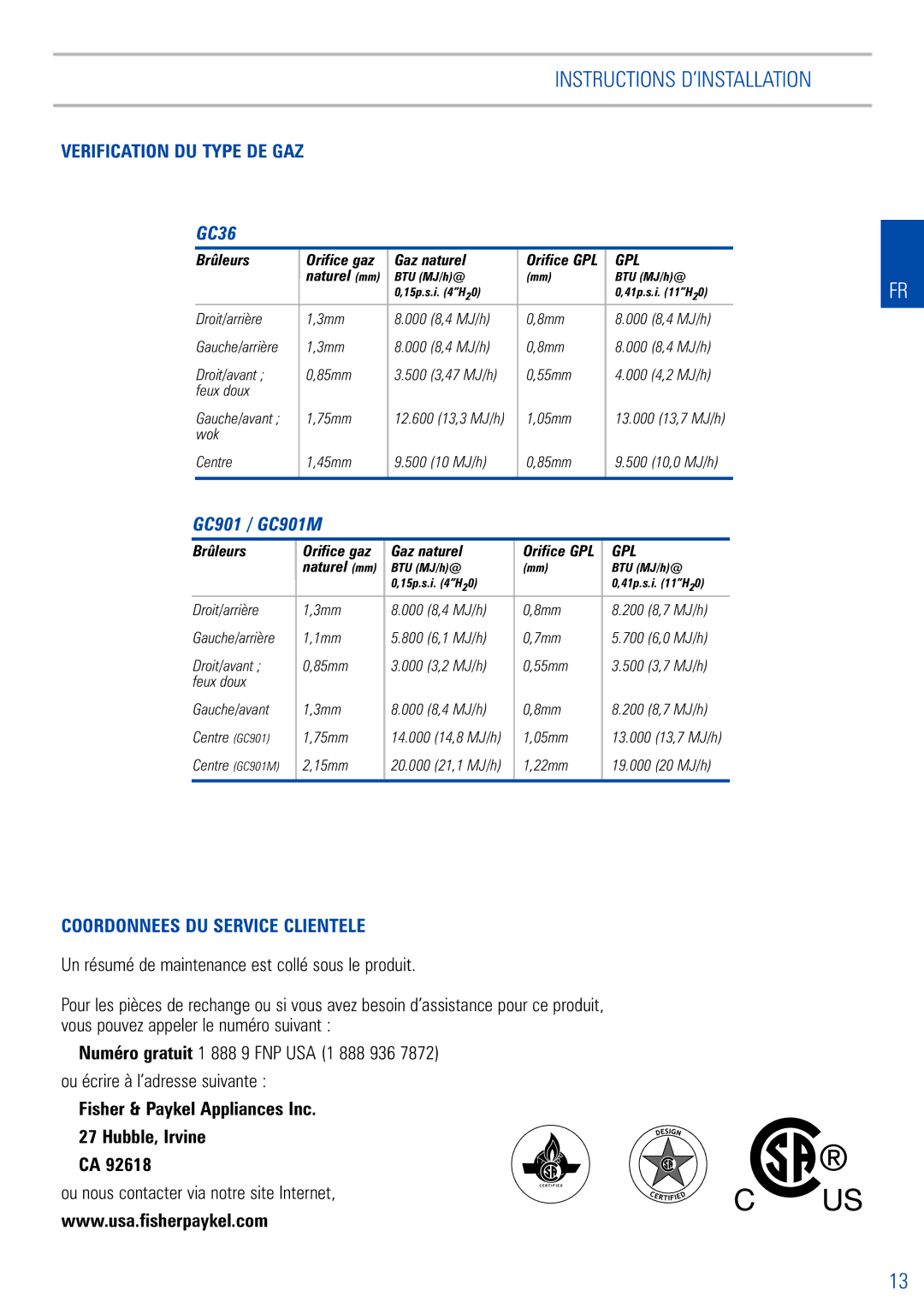 Fisher & Paykel GC901M dimensions Verification DU Type DE GAZ, Coordonnees DU Service Clientele 