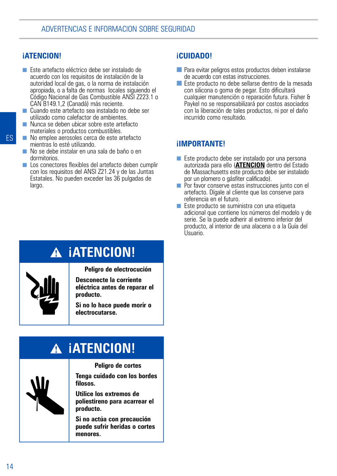 Fisher & Paykel GC901M dimensions Advertencias E Informacion Sobre Seguridad, ¡Atencion 