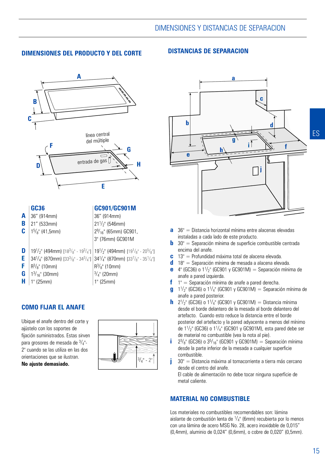 Fisher & Paykel GC901M dimensions Distancias DE Separacion, Material no Combustible, No ajuste demasiado 