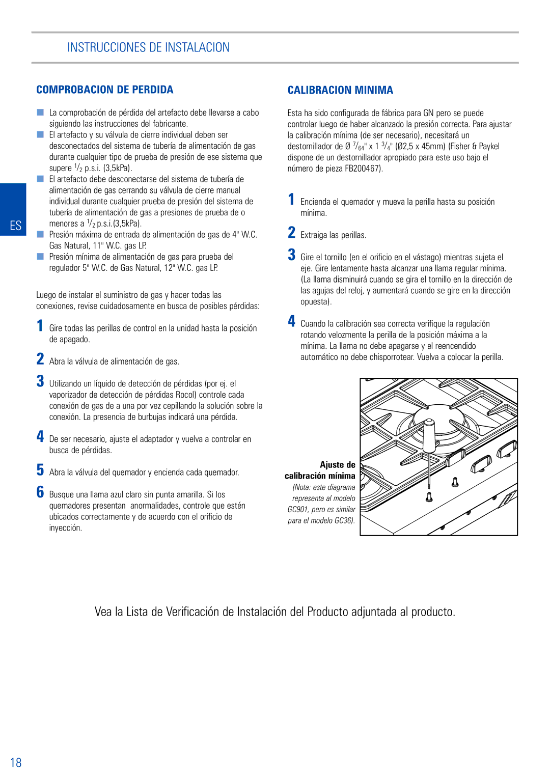 Fisher & Paykel GC901M Comprobacion DE Perdida, Siguiendo las instrucciones del fabricante, Supere 1/2 p.s.i ,5kPa 