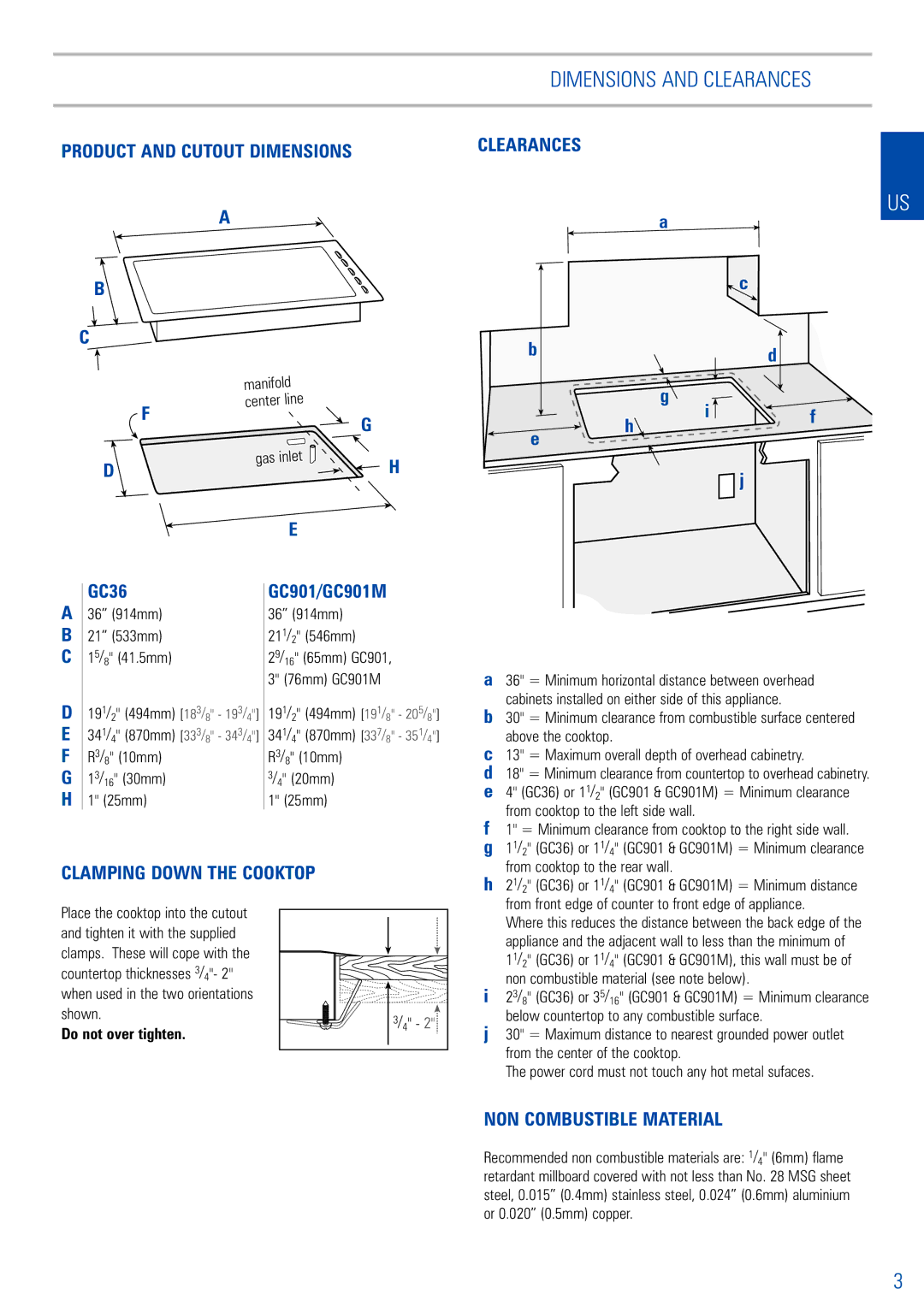 Fisher & Paykel GC901 Dimensions and Clearances, Clamping Down the Cooktop, NON Combustible Material, Do not over tighten 