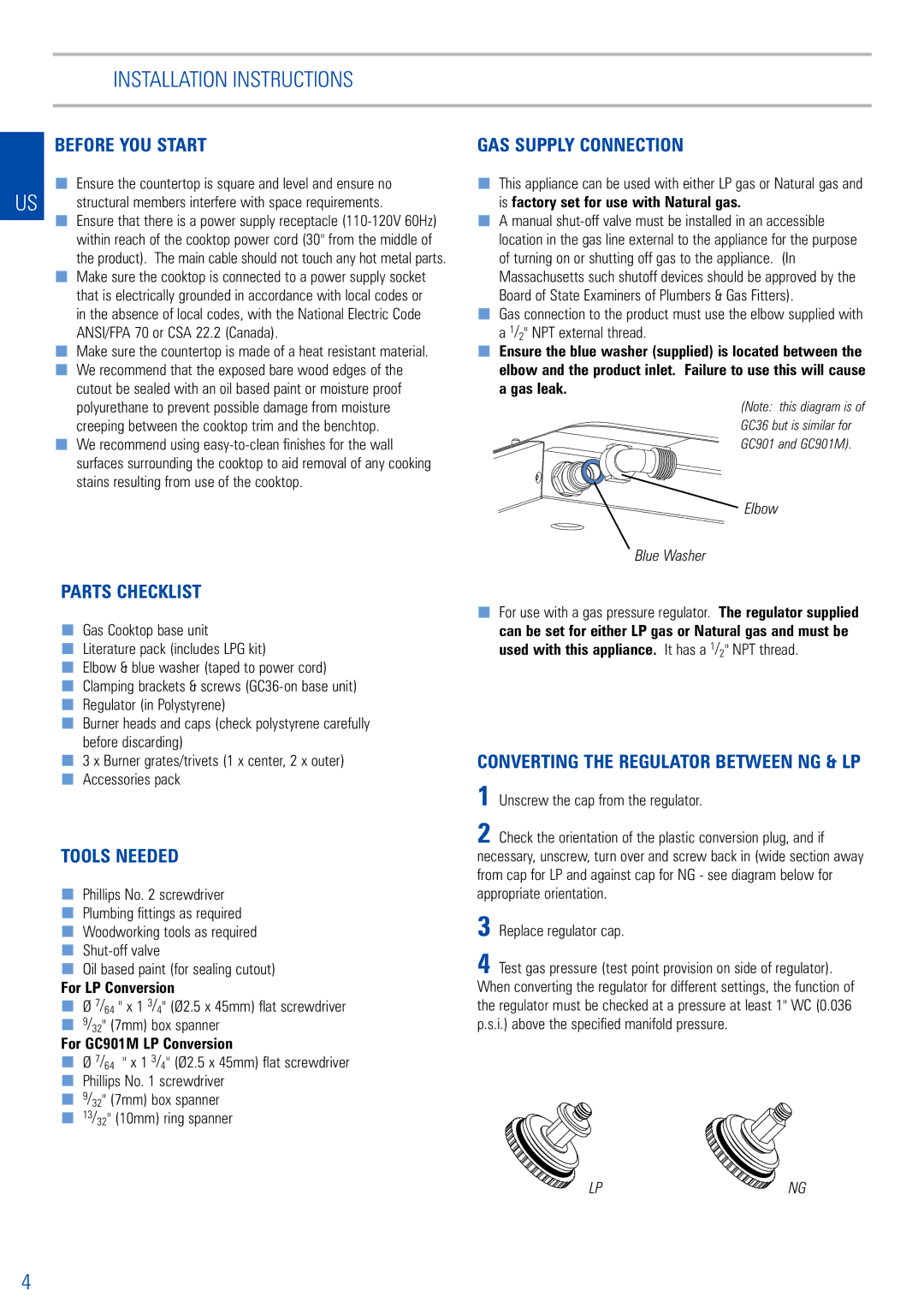 Fisher & Paykel GC901M Installation Instructions, Before YOU Start, GAS Supply Connection, Parts Checklist, Tools Needed 