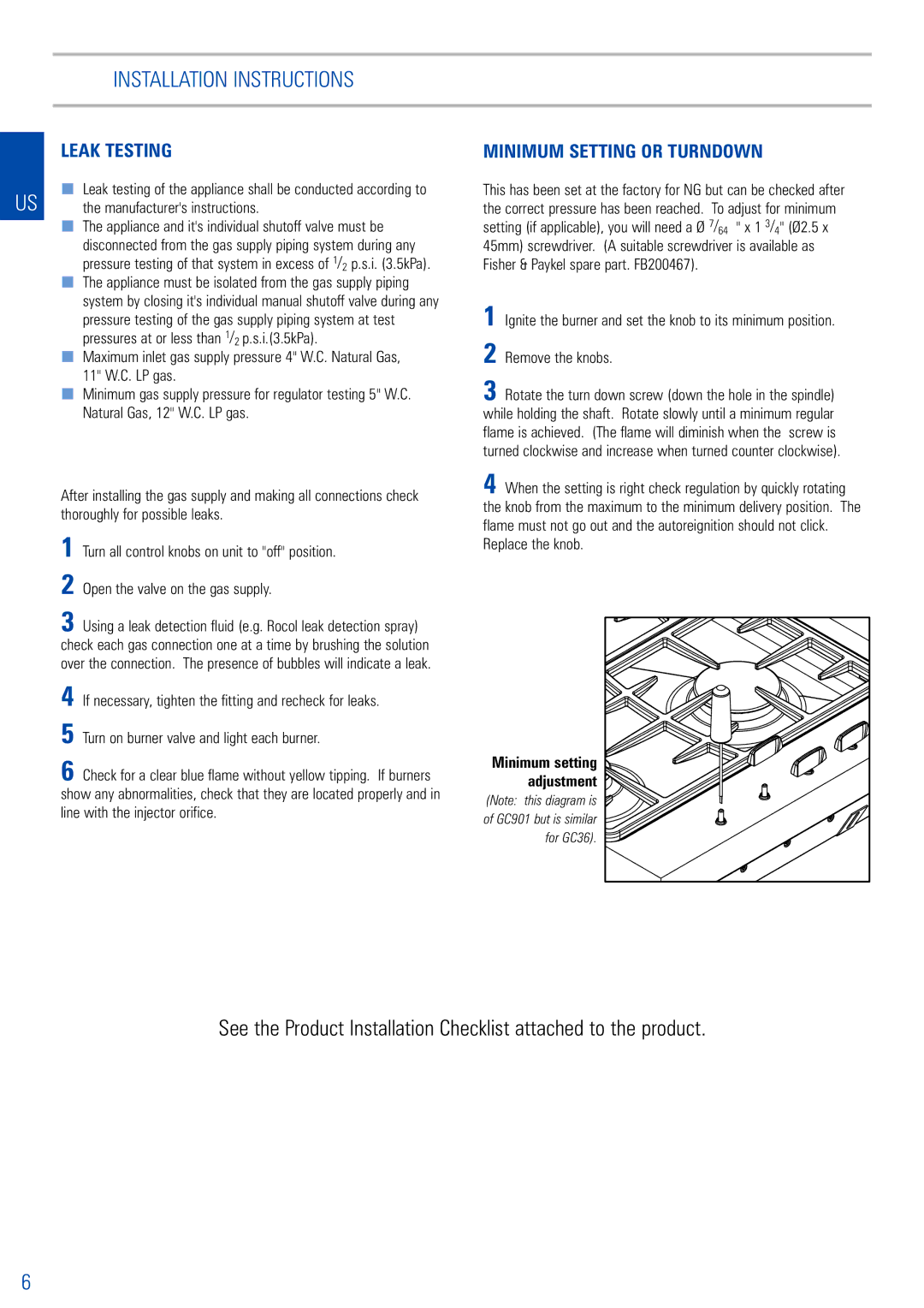 Fisher & Paykel GC901M dimensions Leak Testing, Minimum Setting or Turndown 