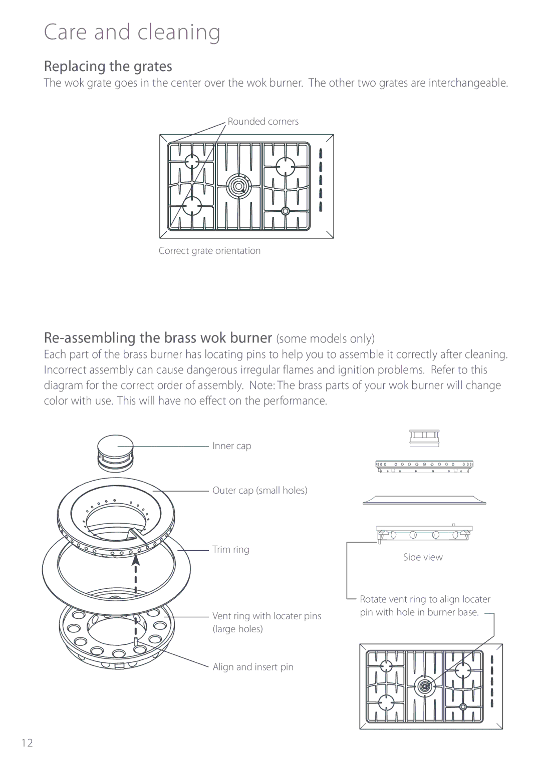 Fisher & Paykel GC912, GC913 manuel dutilisation Replacing the grates, Re-assembling the brass wok burner some models only 