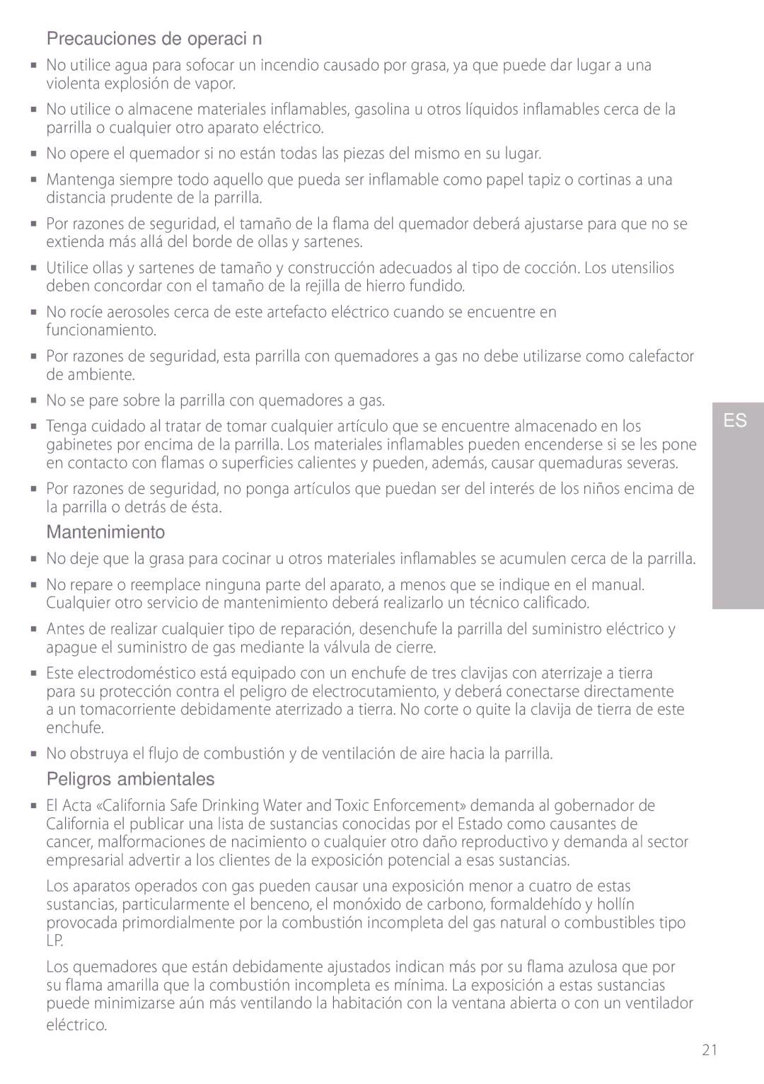 Fisher & Paykel GC913, GC912 manuel dutilisation Precauciones de operación, Mantenimiento, Peligros ambientales 