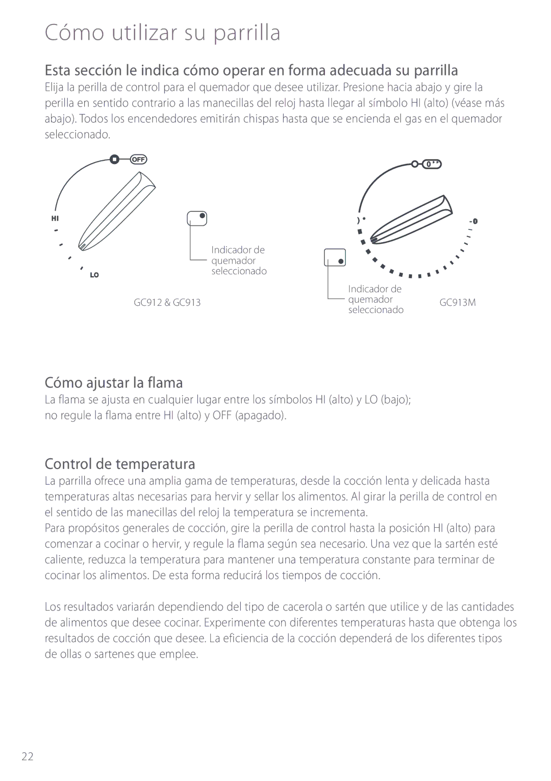 Fisher & Paykel GC912, GC913 manuel dutilisation Cómo utilizar su parrilla, Cómo ajustar la flama, Control de temperatura 