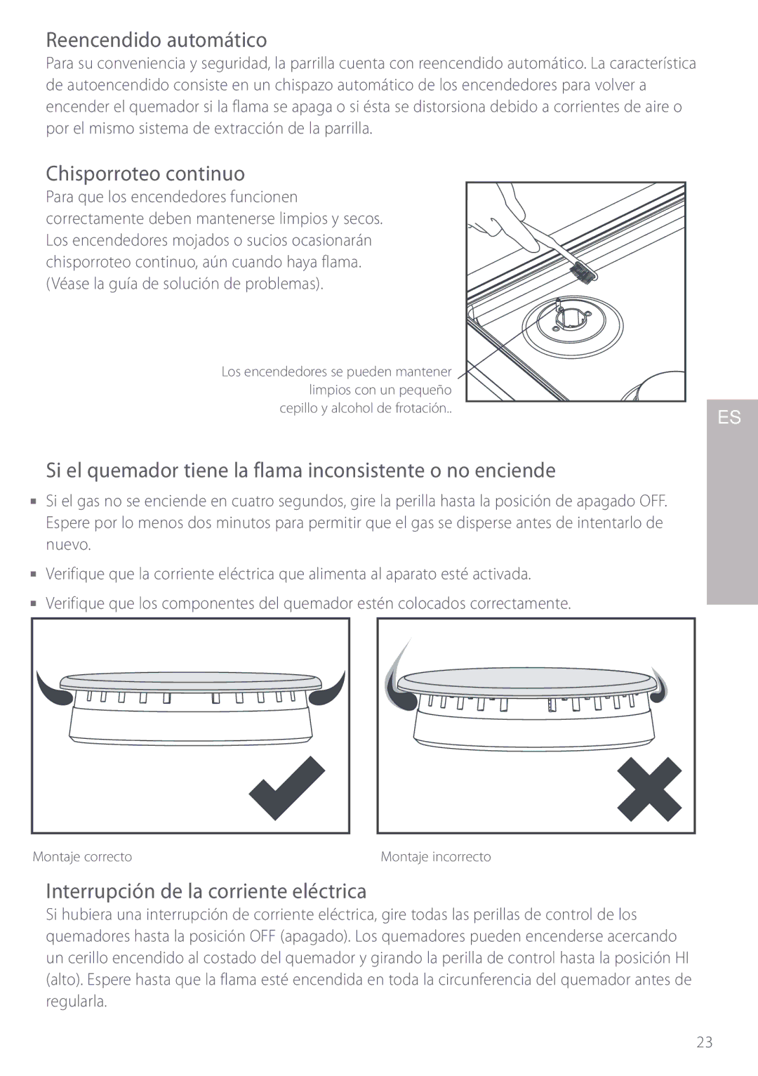 Fisher & Paykel GC913, GC912 Reencendido automático, Chisporroteo continuo, Interrupción de la corriente eléctrica 