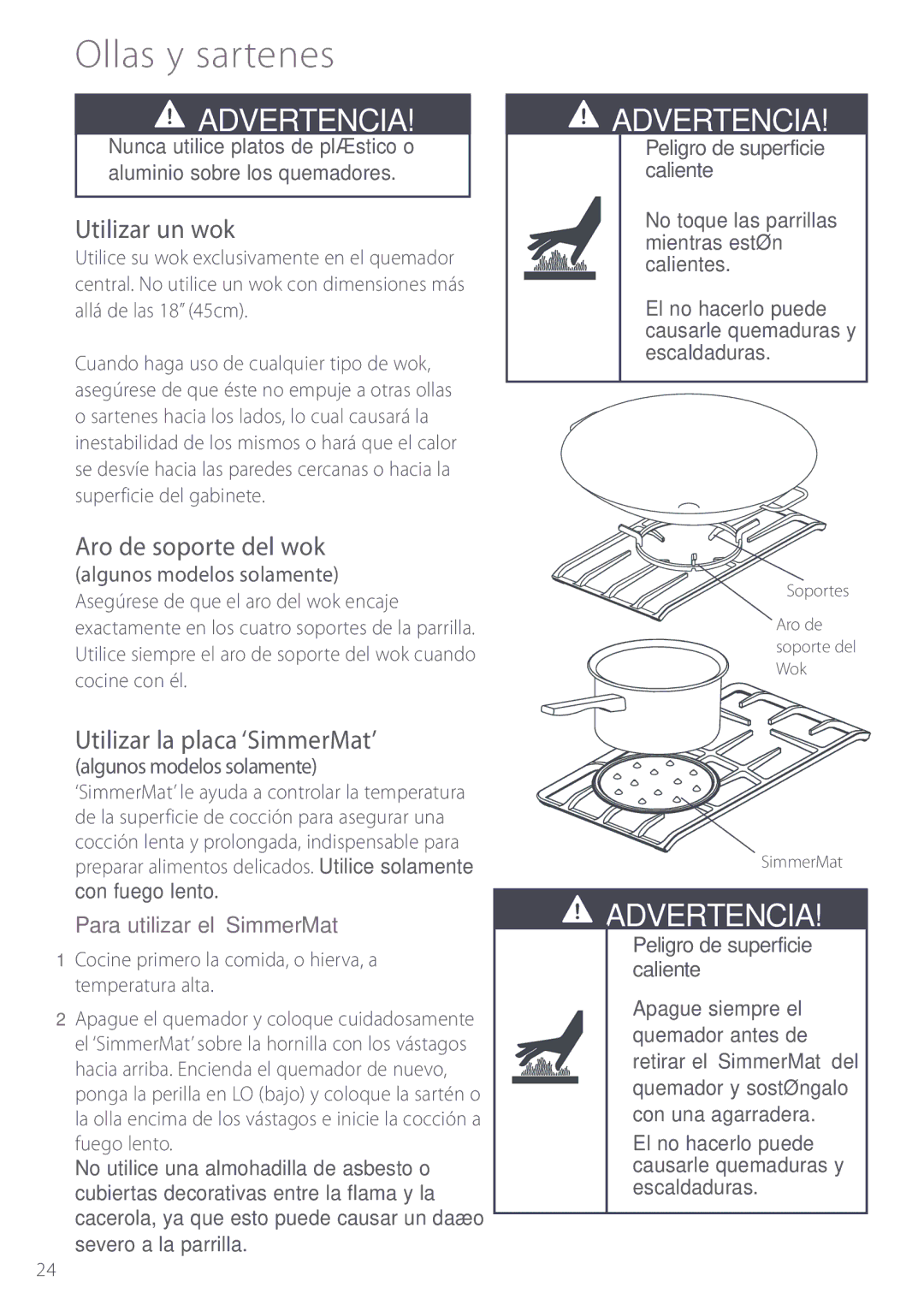 Fisher & Paykel GC912, GC913 Ollas y sartenes, Utilizar un wok, Aro de soporte del wok, Utilizar la placa ‘SimmerMat’ 