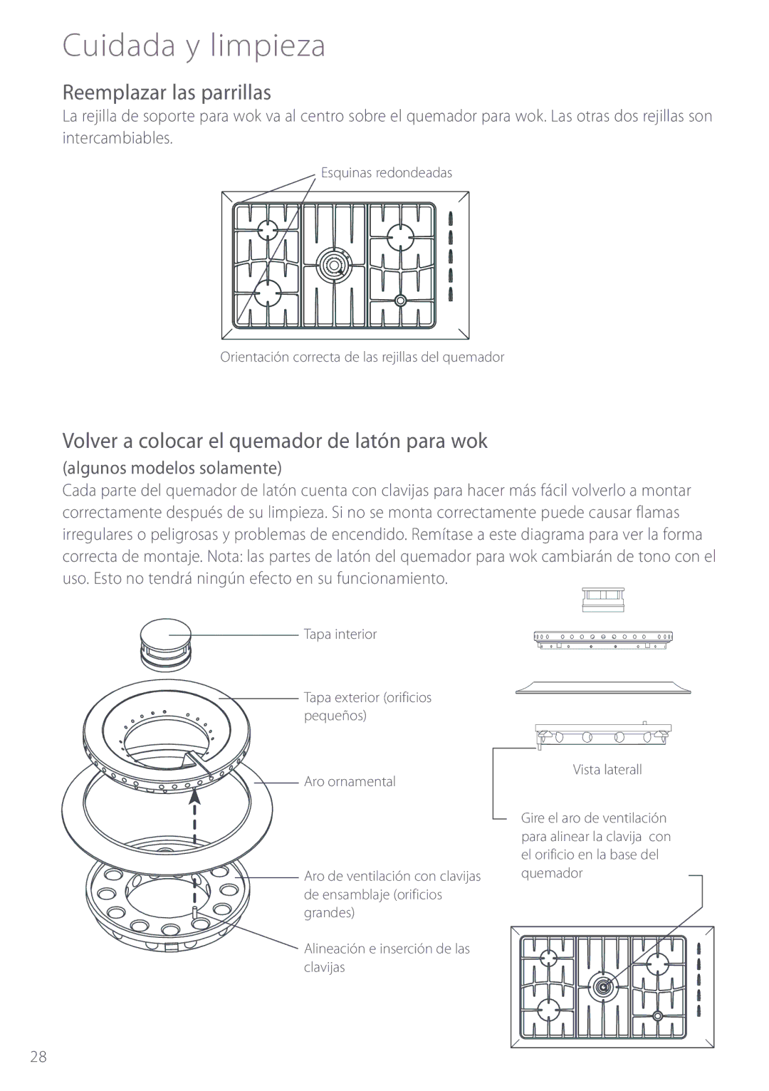 Fisher & Paykel GC912, GC913 Cuidada y limpieza, Reemplazar las parrillas, Volver a colocar el quemador de latón para wok 