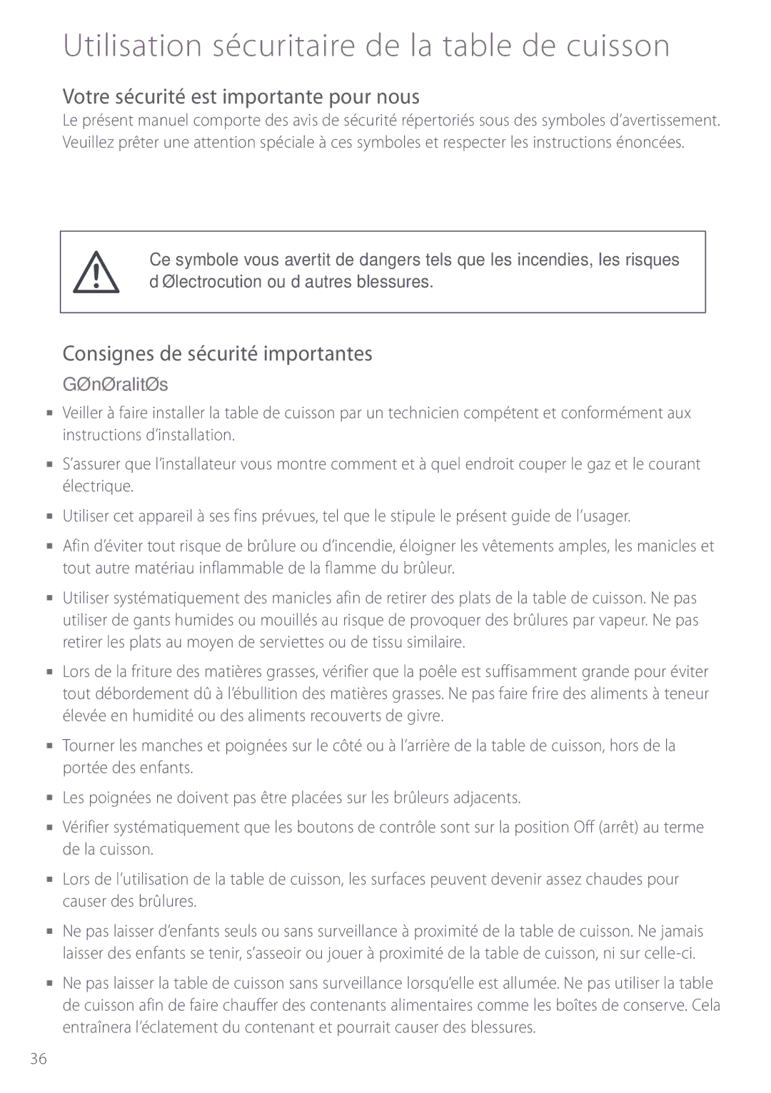 Fisher & Paykel GC912 Utilisation sécuritaire de la table de cuisson, Votre sécurité est importante pour nous, Généralités 