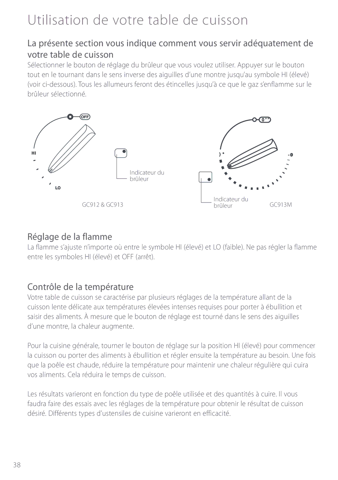 Fisher & Paykel GC912, GC913 Utilisation de votre table de cuisson, Réglage de la flamme, Contrôle de la température 