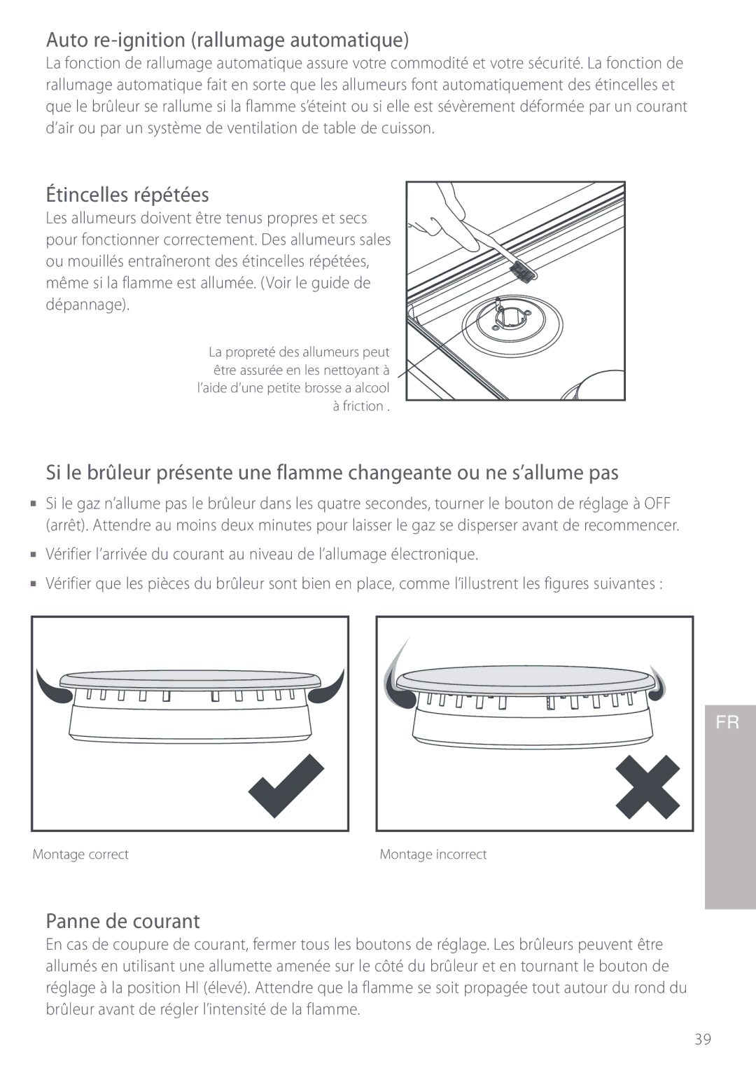 Fisher & Paykel GC913, GC912 Auto re-ignition rallumage automatique, Étincelles répétées, Panne de courant 