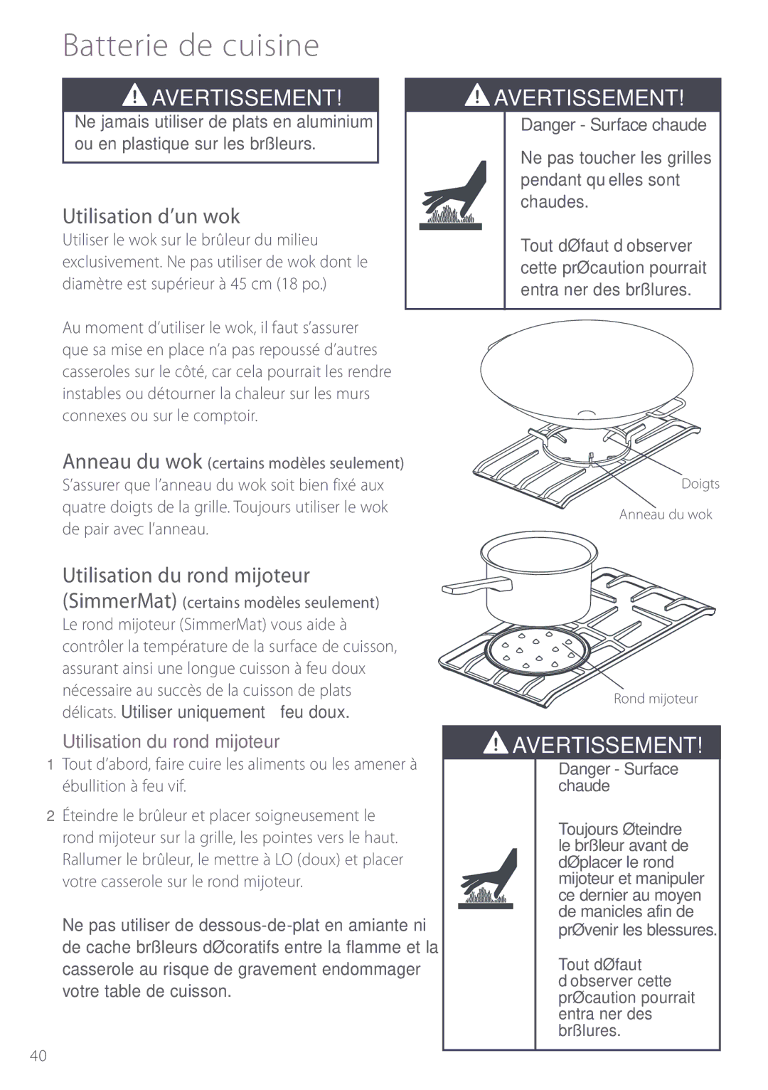 Fisher & Paykel GC912, GC913 manuel dutilisation Batterie de cuisine, Utilisation d’un wok, Utilisation du rond mijoteur 