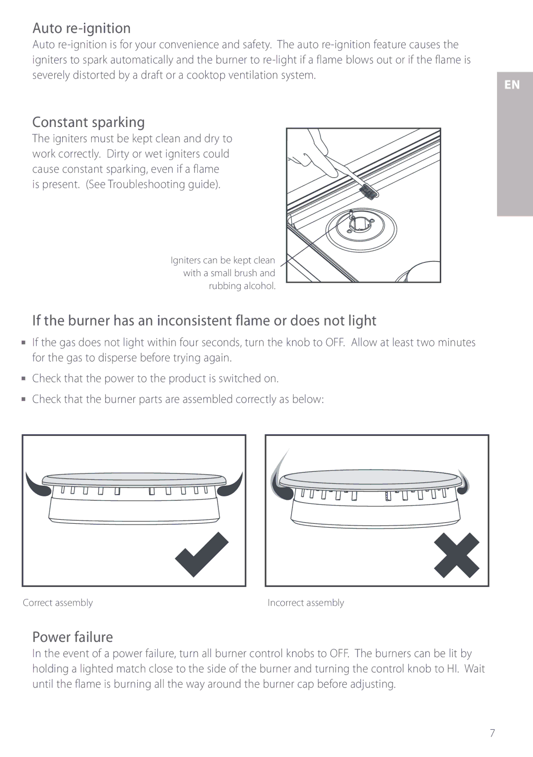 Fisher & Paykel GC913 Auto re-ignition, Constant sparking, If the burner has an inconsistent flame or does not light 