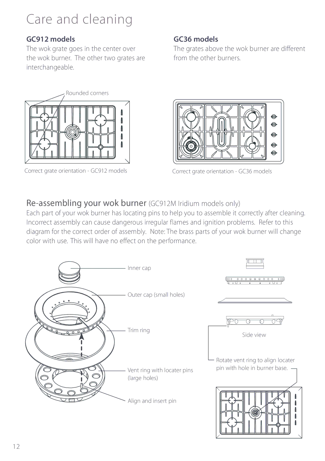 Fisher & Paykel GC36 manuel dutilisation Re-assembling your wok burner GC912M Iridium models only, GC912 models 